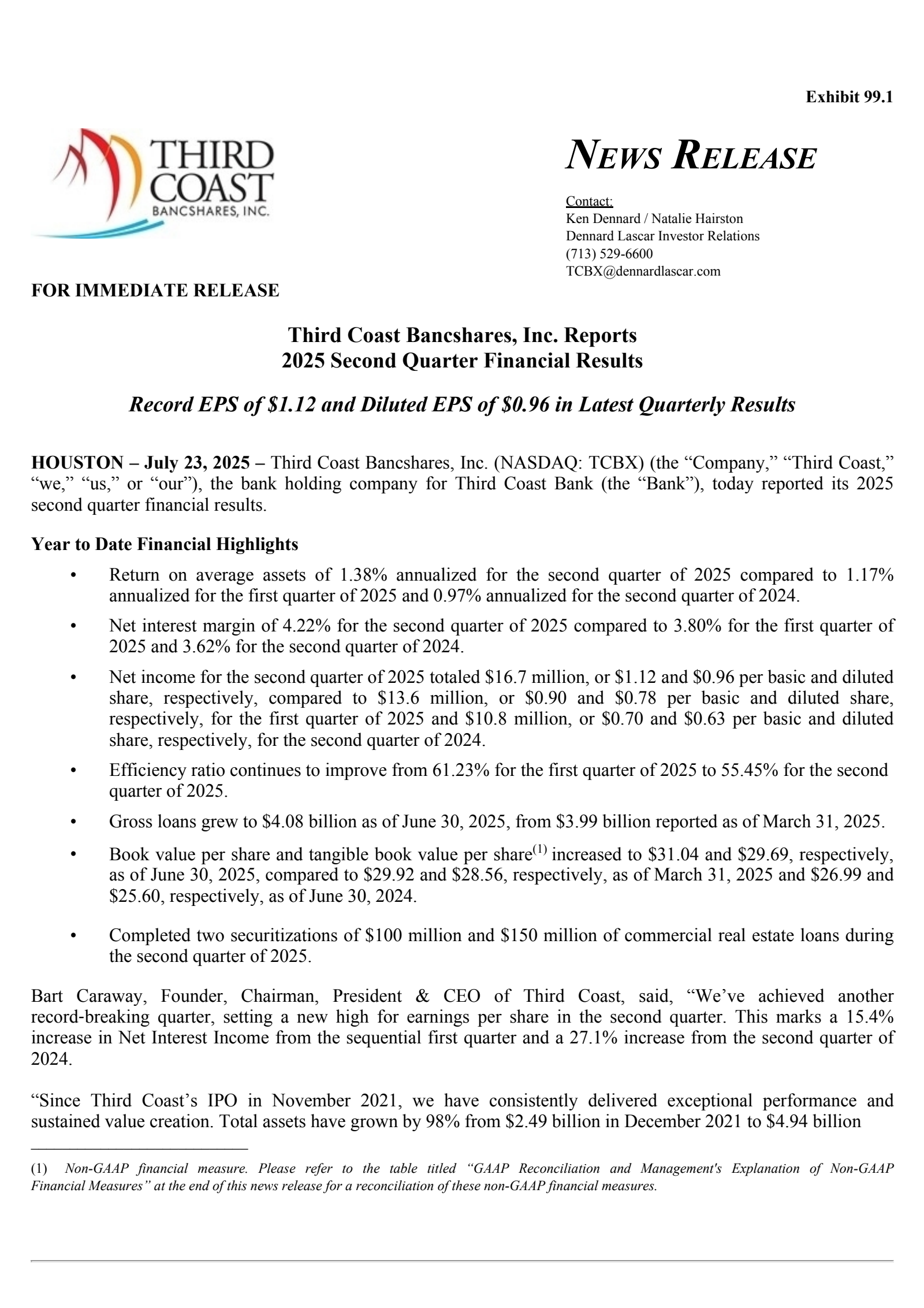 Third Coast Bancshares' Q2 2025 Press Release