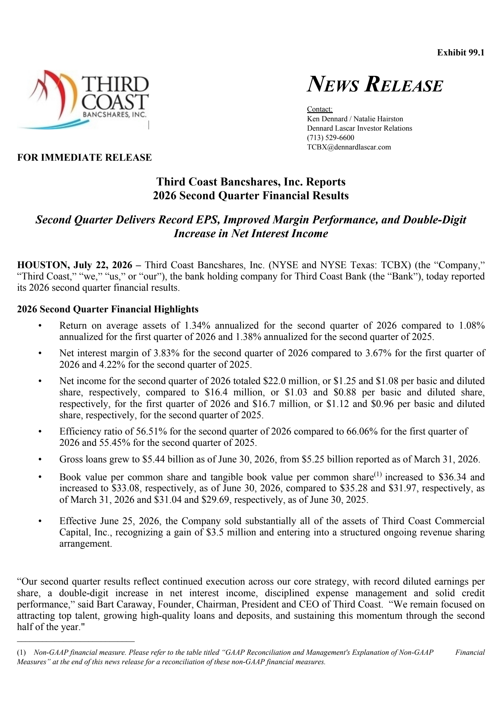 Third Coast Bancshares' Q2 2026 Press Release