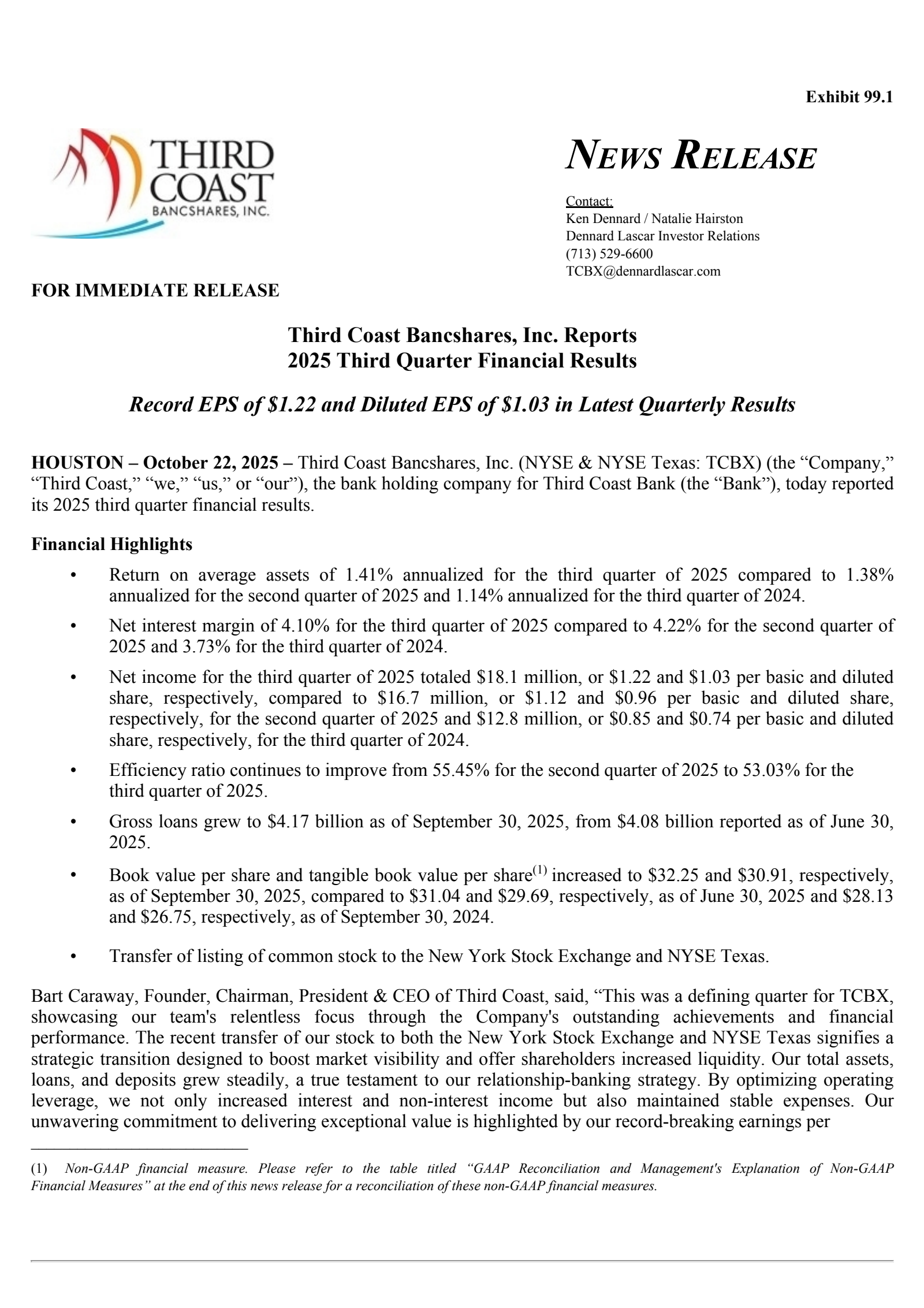 Third Coast Bancshares' Q3 2025 Earnings Release