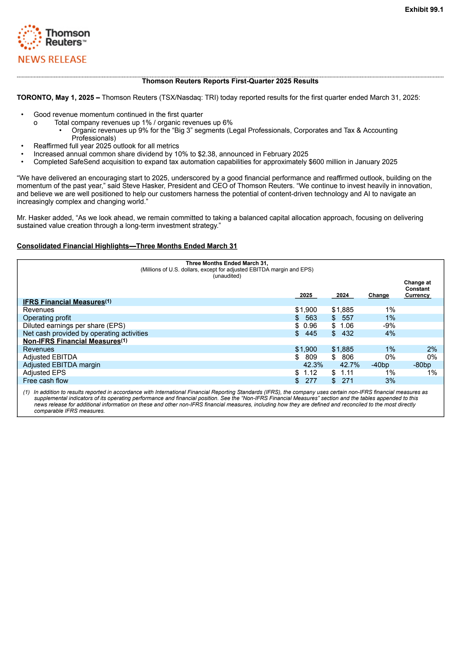 Thomson Reuters' Q1 2025 Press Release