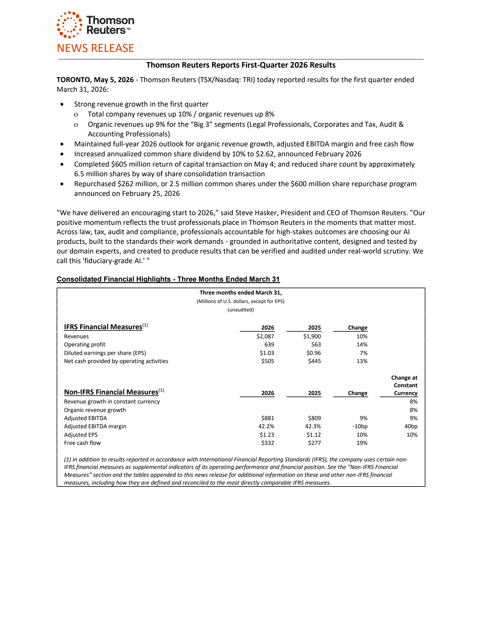 Thomson Reuters' Q1 2026 Press Release
