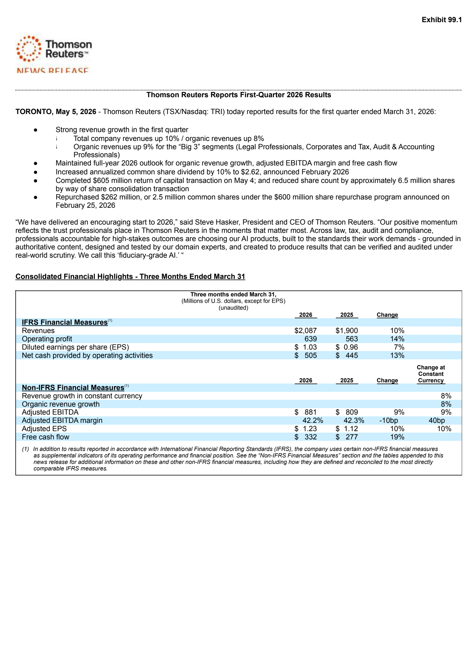 Thomson Reuters' Q1 2026 Press Release