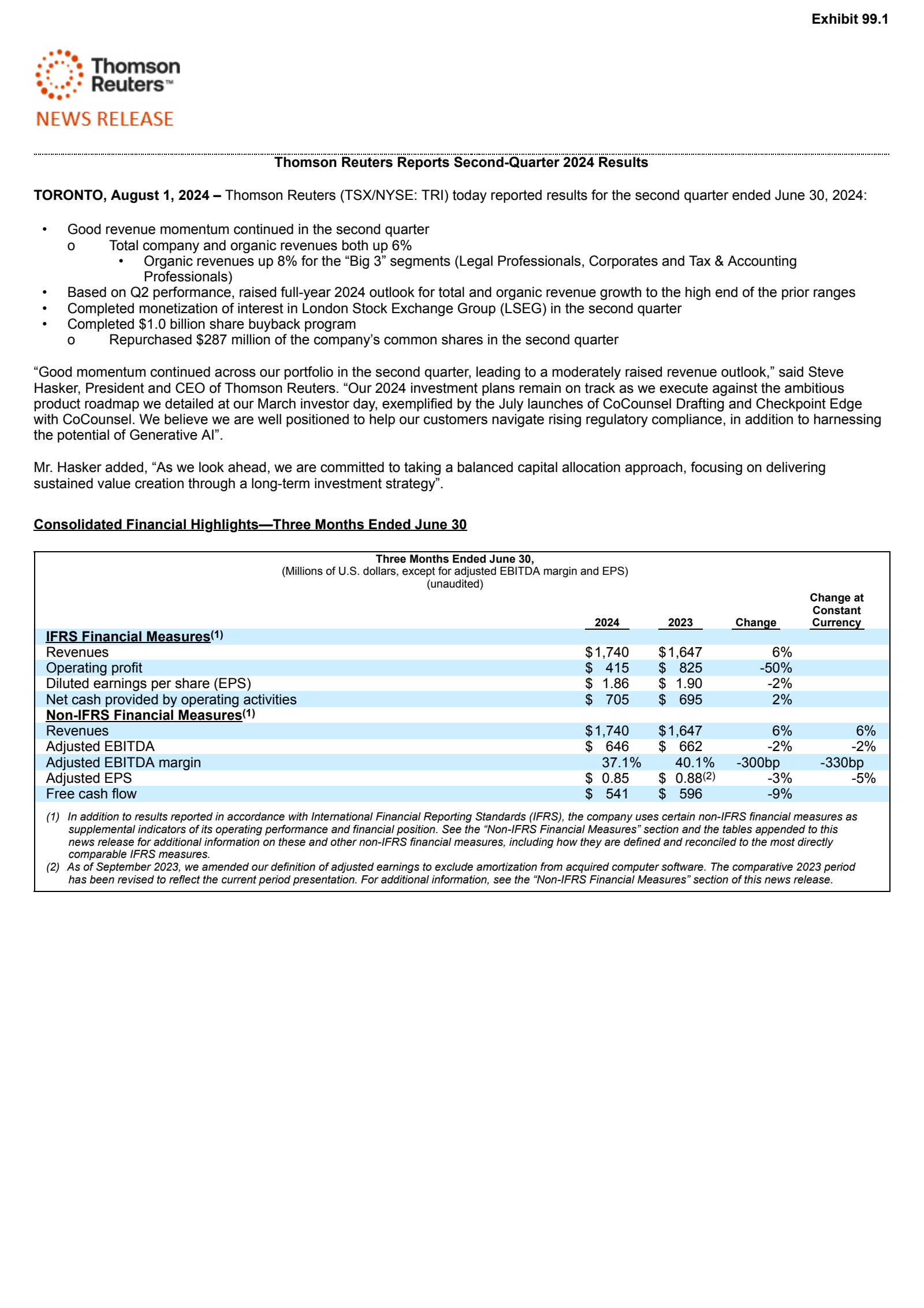 Thomson Reuters' Q2 2024 Press Release