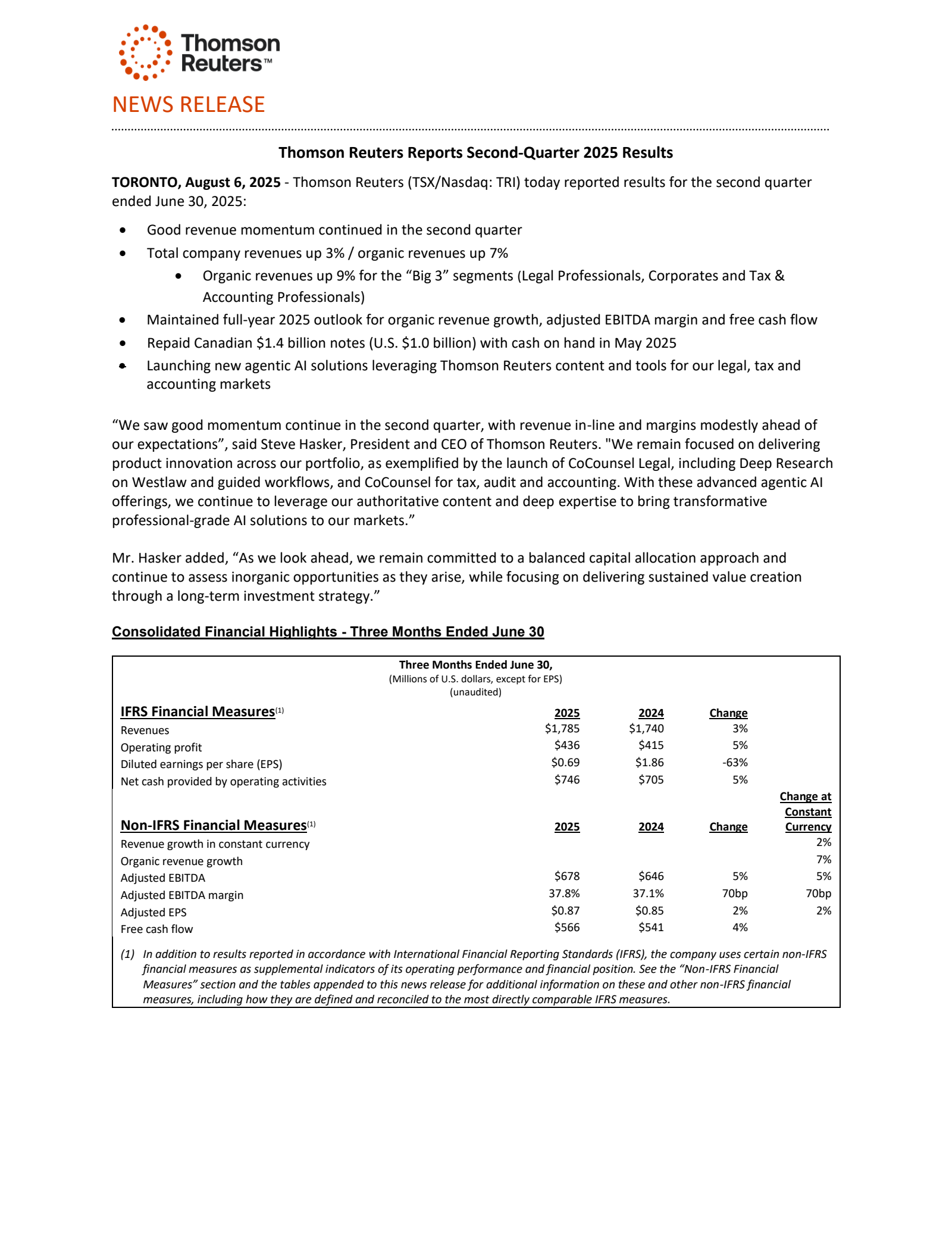 Thomson Reuters' Q2 2025 Press Release