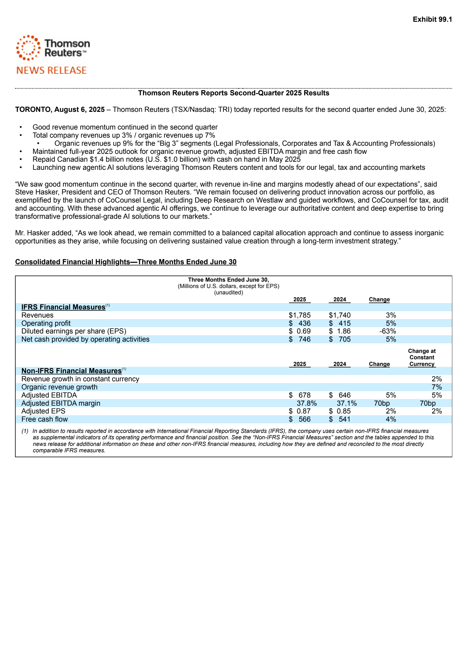 Thomson Reuters' Q2 2025 Press Release