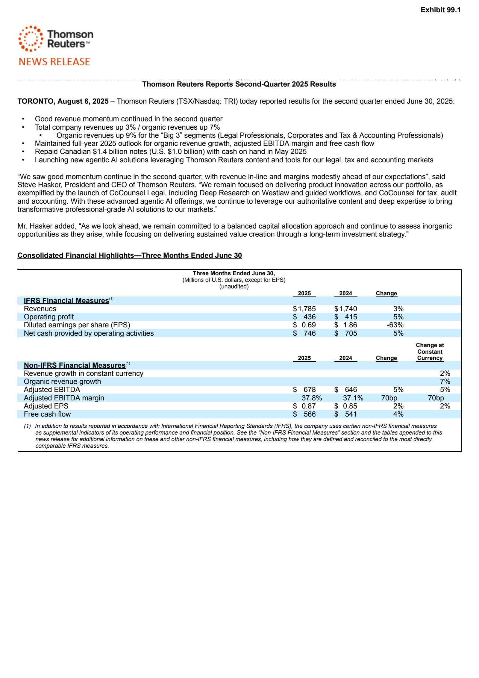 Thomson Reuters' Q2 2025 Press Release
