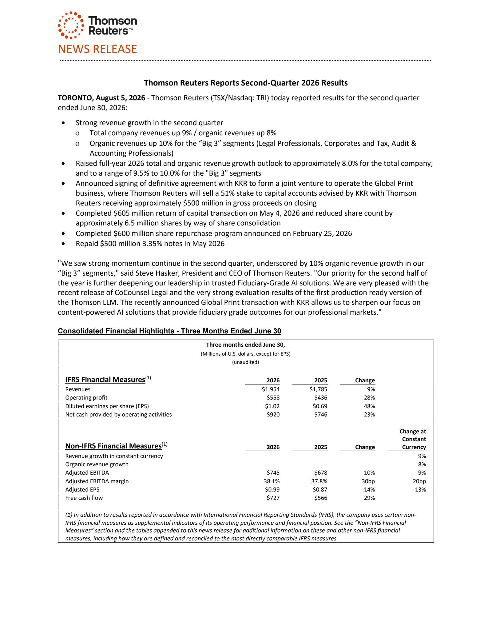 Thomson Reuters' Q2 2026 Press Release