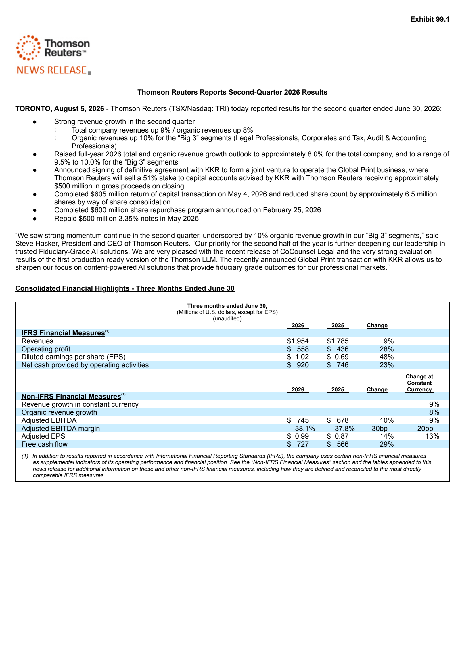 Thomson Reuters' Q2 2026 Press Release