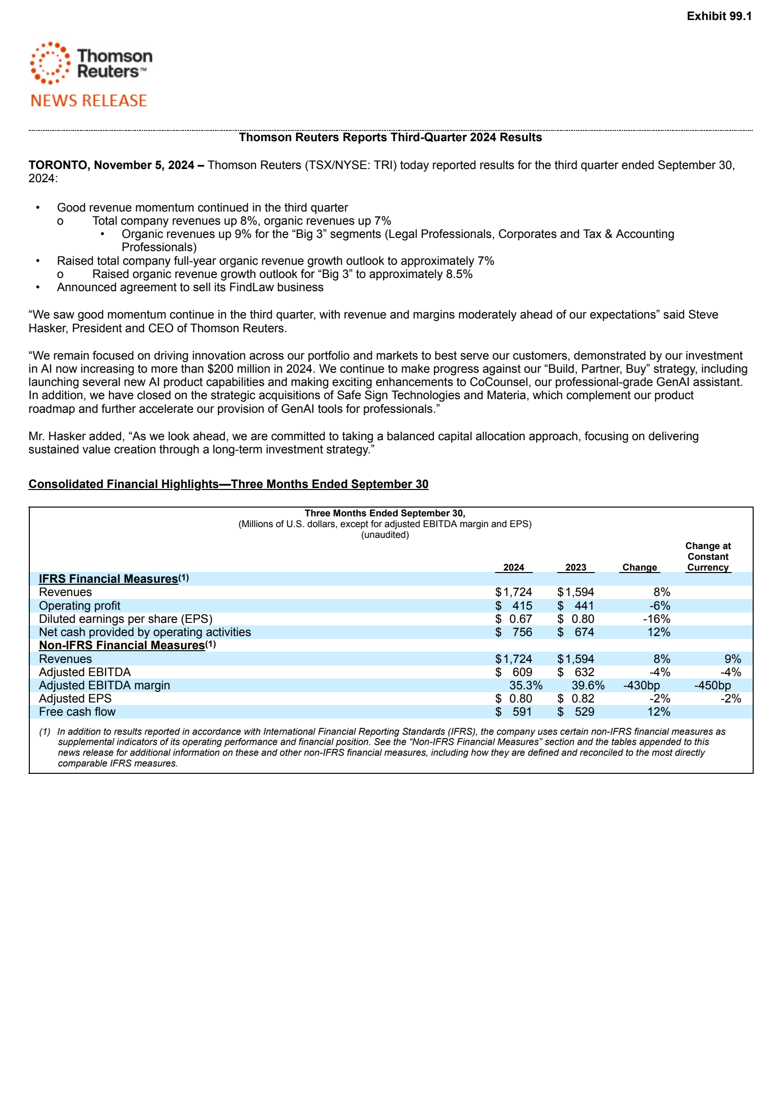 Thomson Reuters' Q3 2024 Press Release