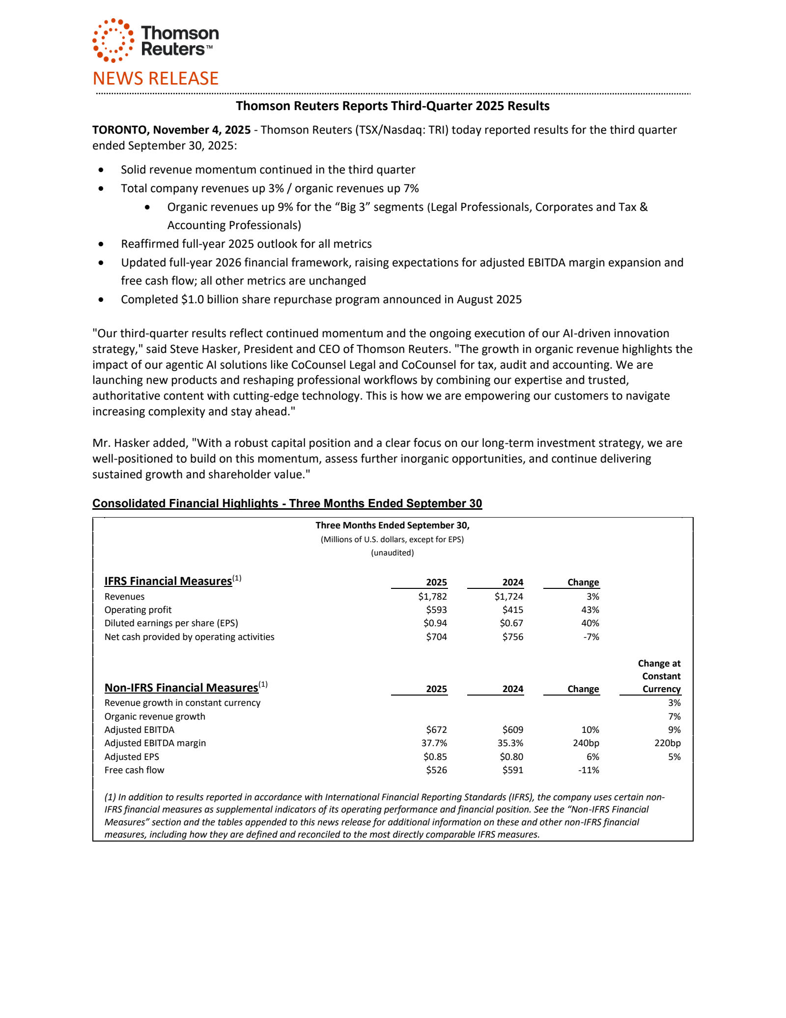 Thomson Reuters' Q3 2025 Earnings Release