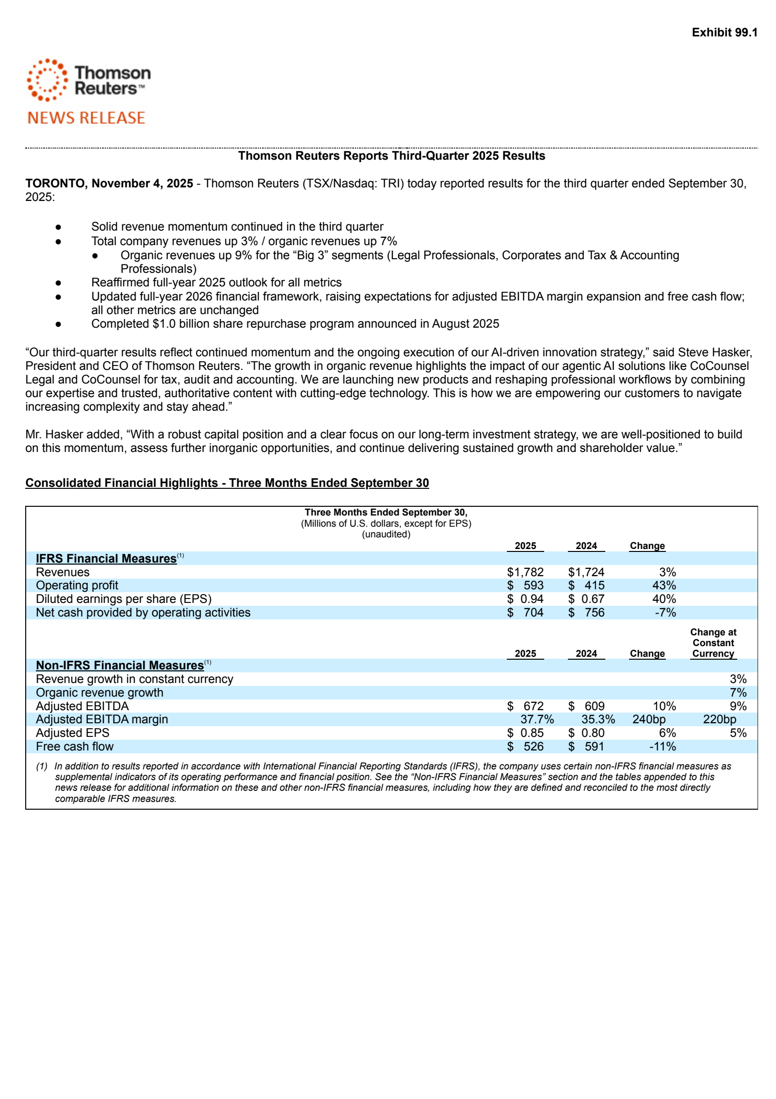 Thomson Reuters' Q3 2025 Earnings Release