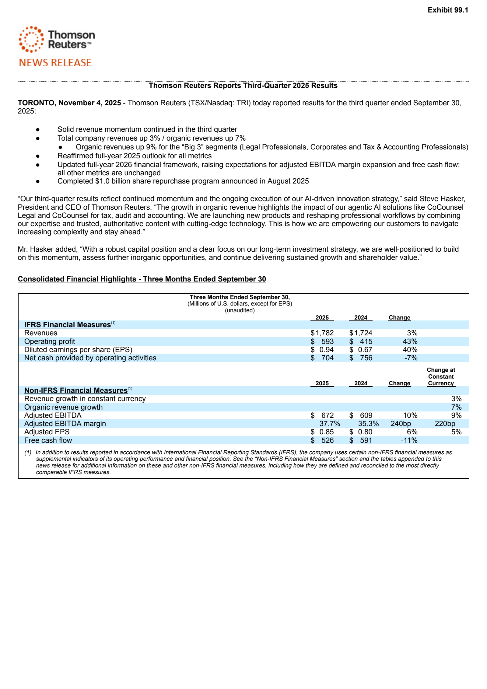 Thomson Reuters' Q3 2025 Press Release