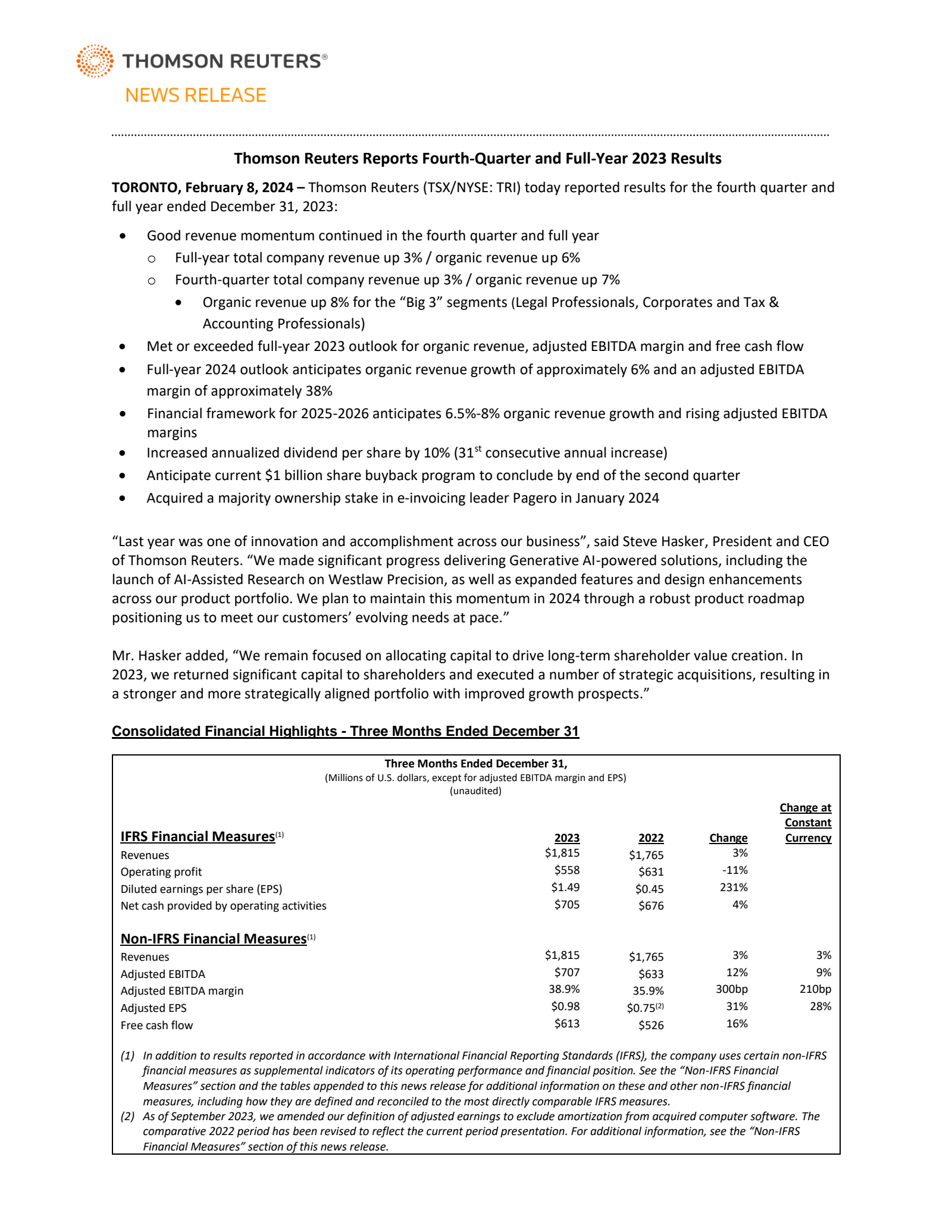 Thomson Reuters' Q4 2023 Annual report