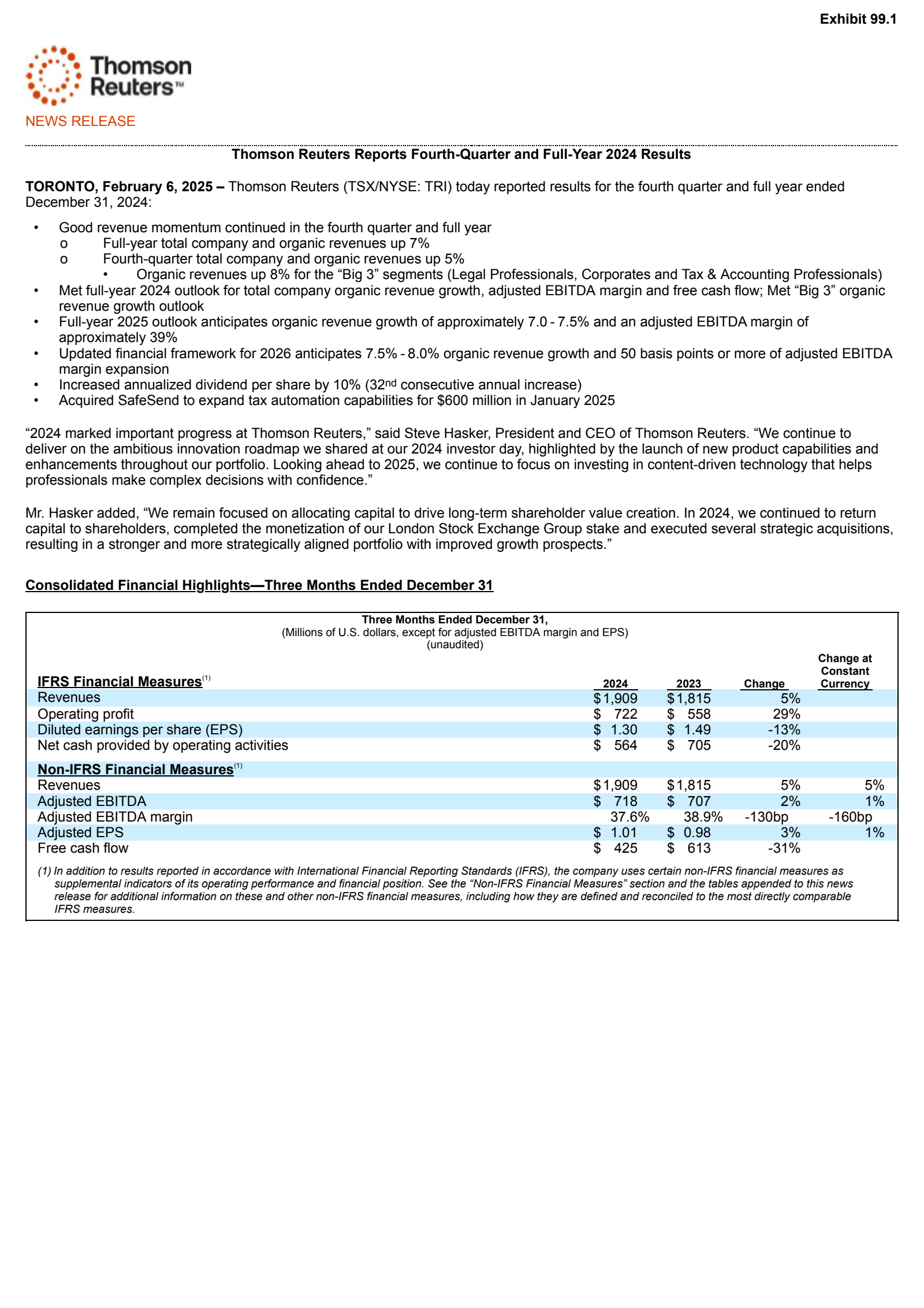 Thomson Reuters' Q4 2024 Press Release