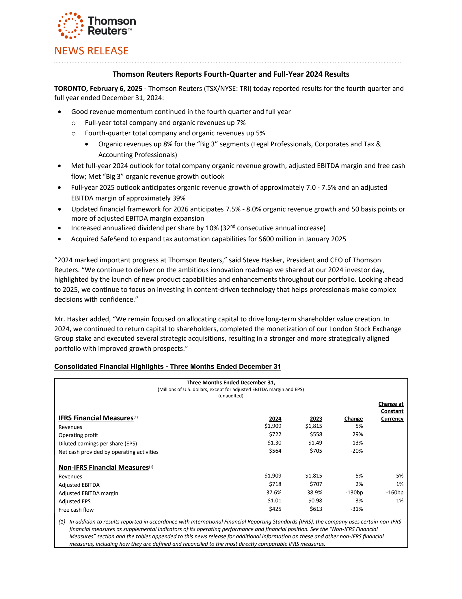 Thomson Reuters' Q4 2024 Press Release