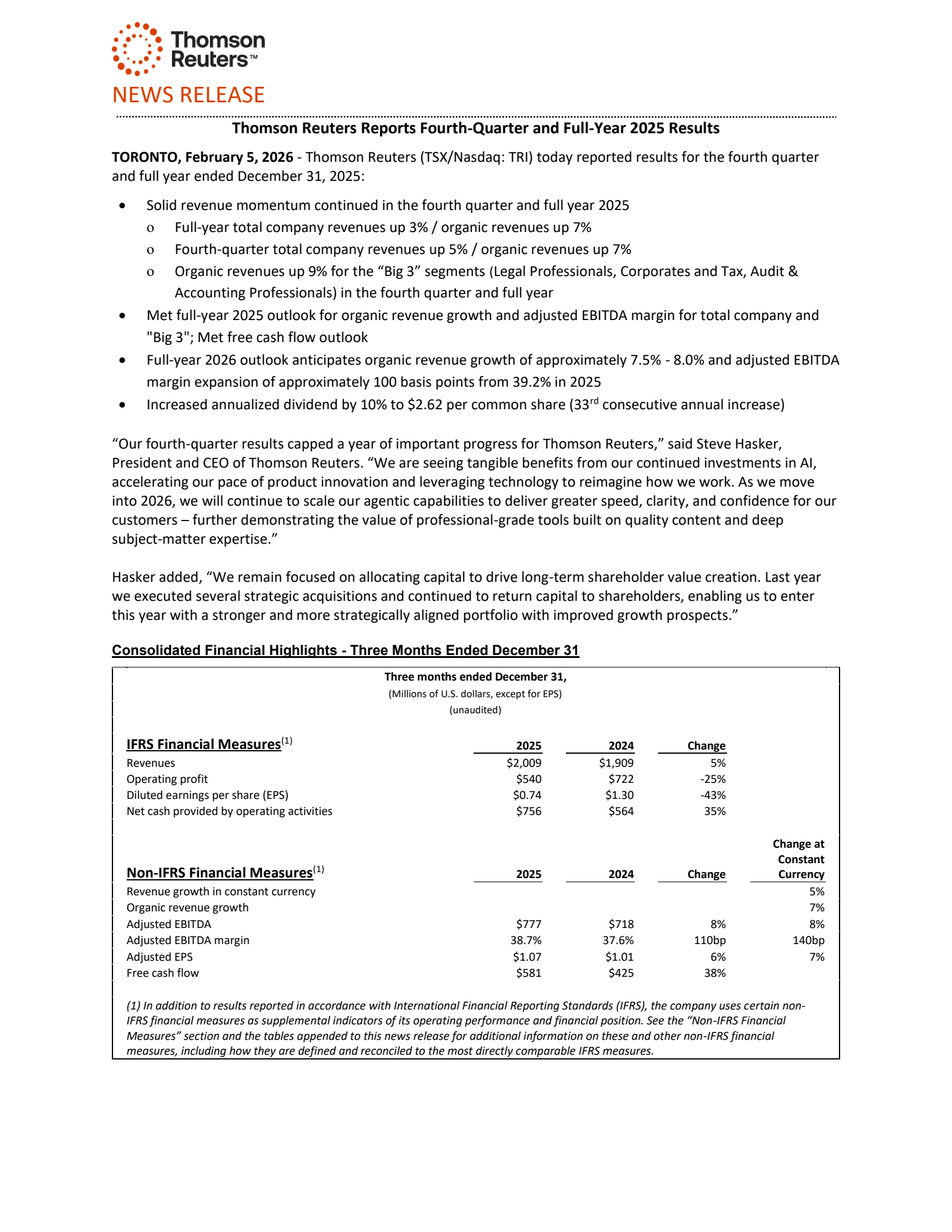 Thomson Reuters' Q4 2025 Press Release