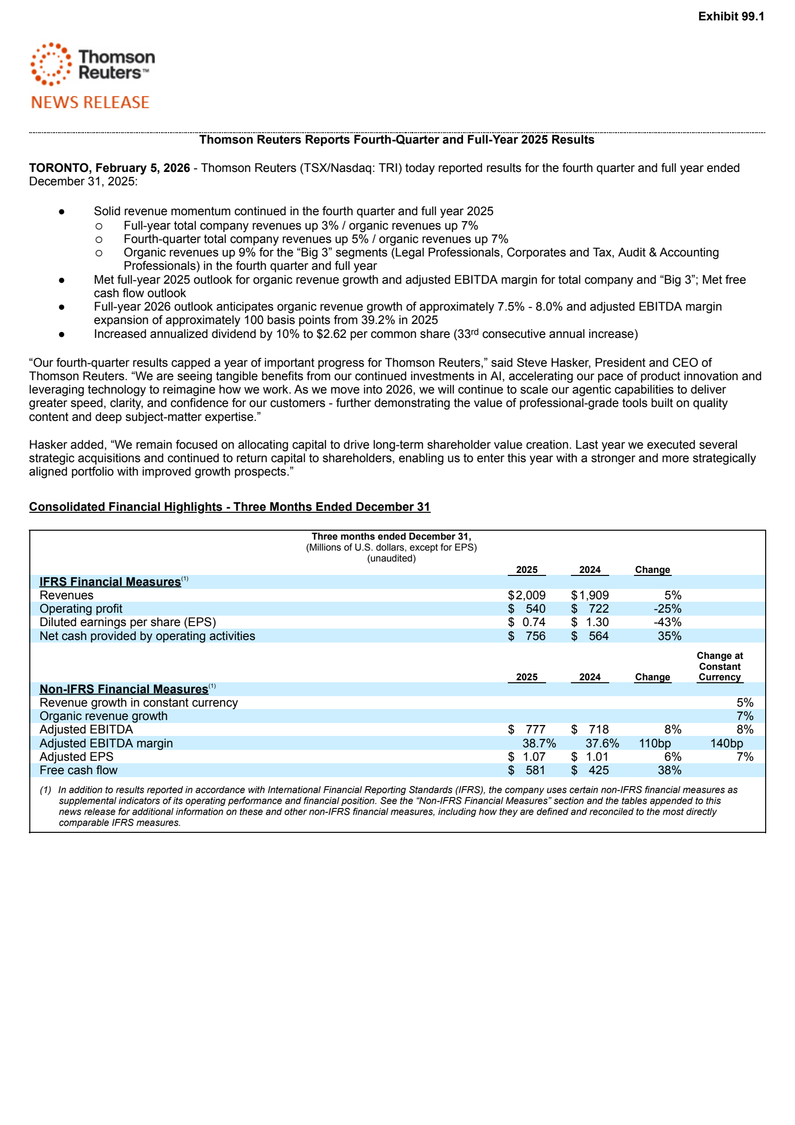 Thomson Reuters' Q4 2025 Press Release
