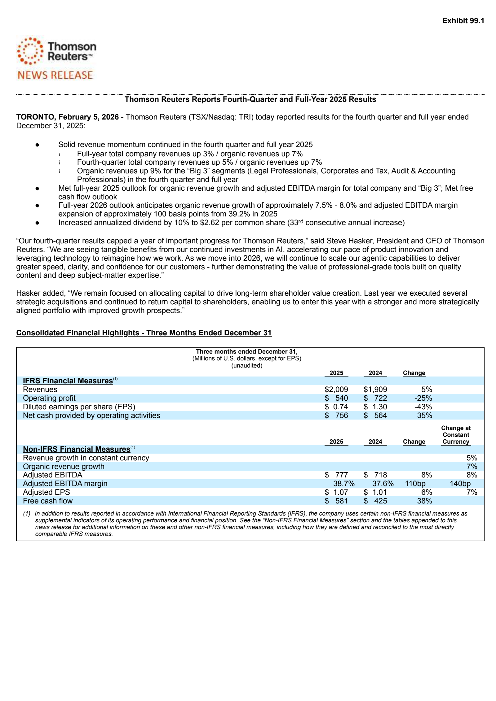 Thomson Reuters' Q4 2025 Press Release