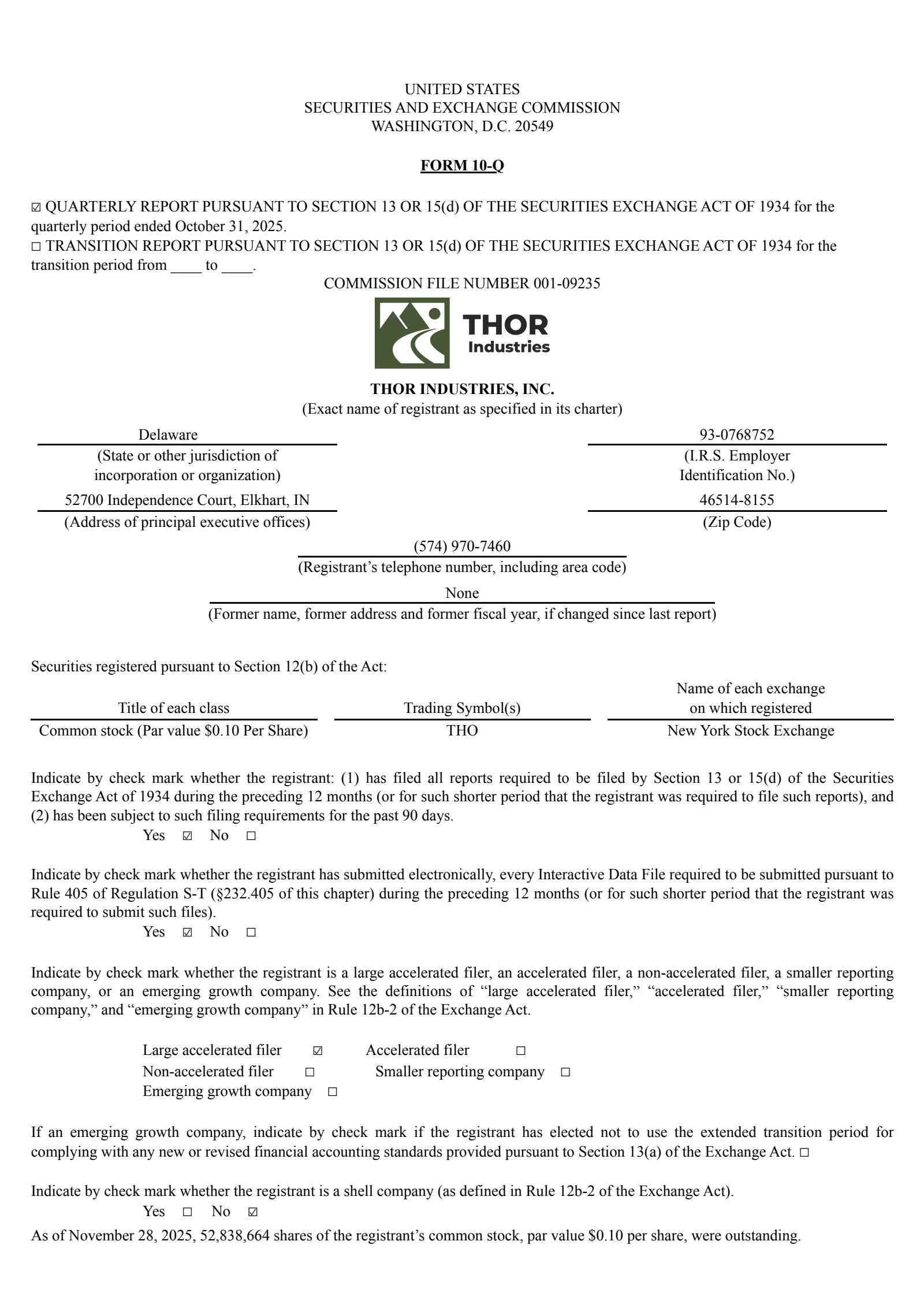 Thor Industries' Q1 2026 Quarterly Report