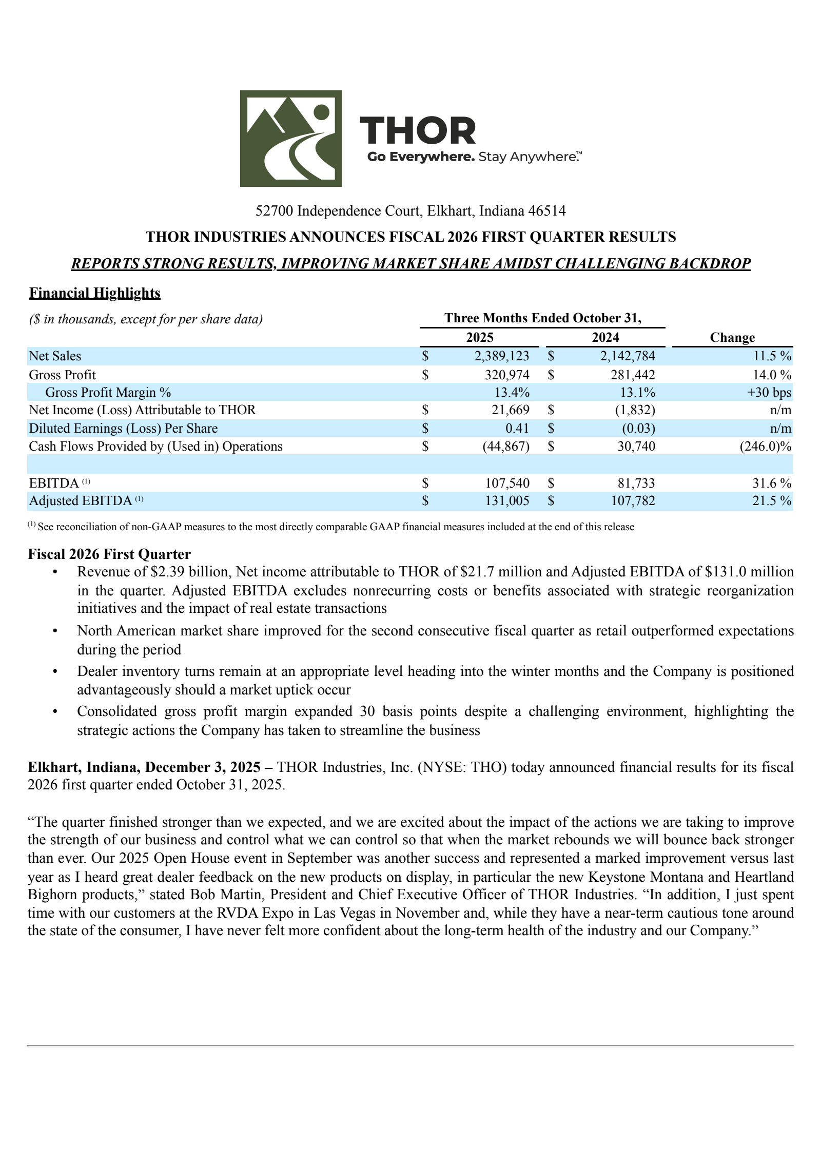 Thor Industries' Q1 2026 Earnings Release