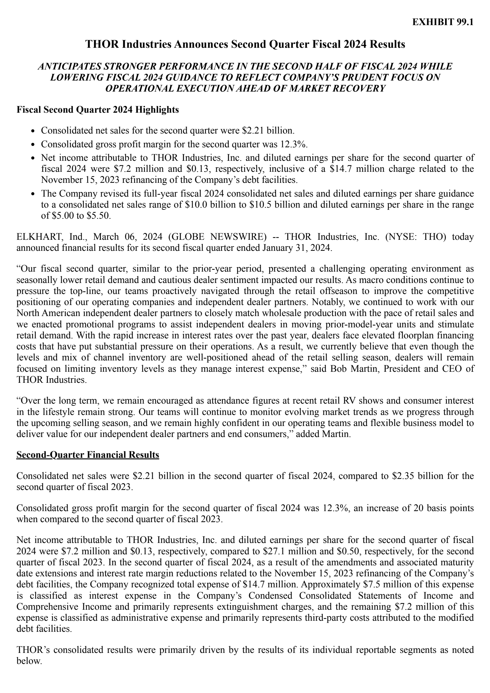 THOR Industries' Q2 2024 Press Release