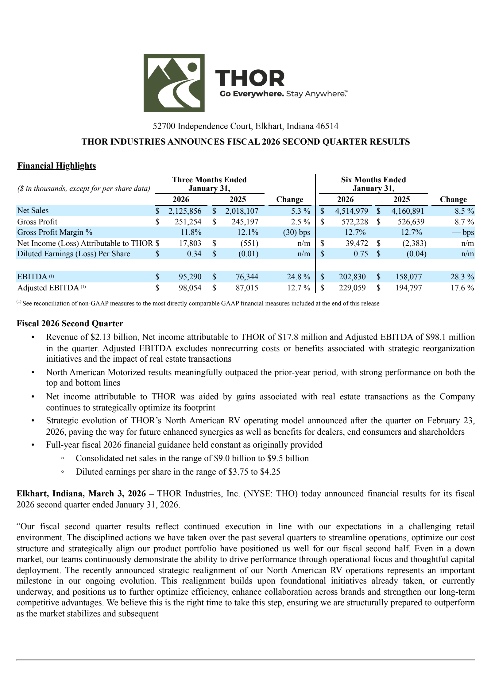 Thor Industries' Q2 2026 Press Release