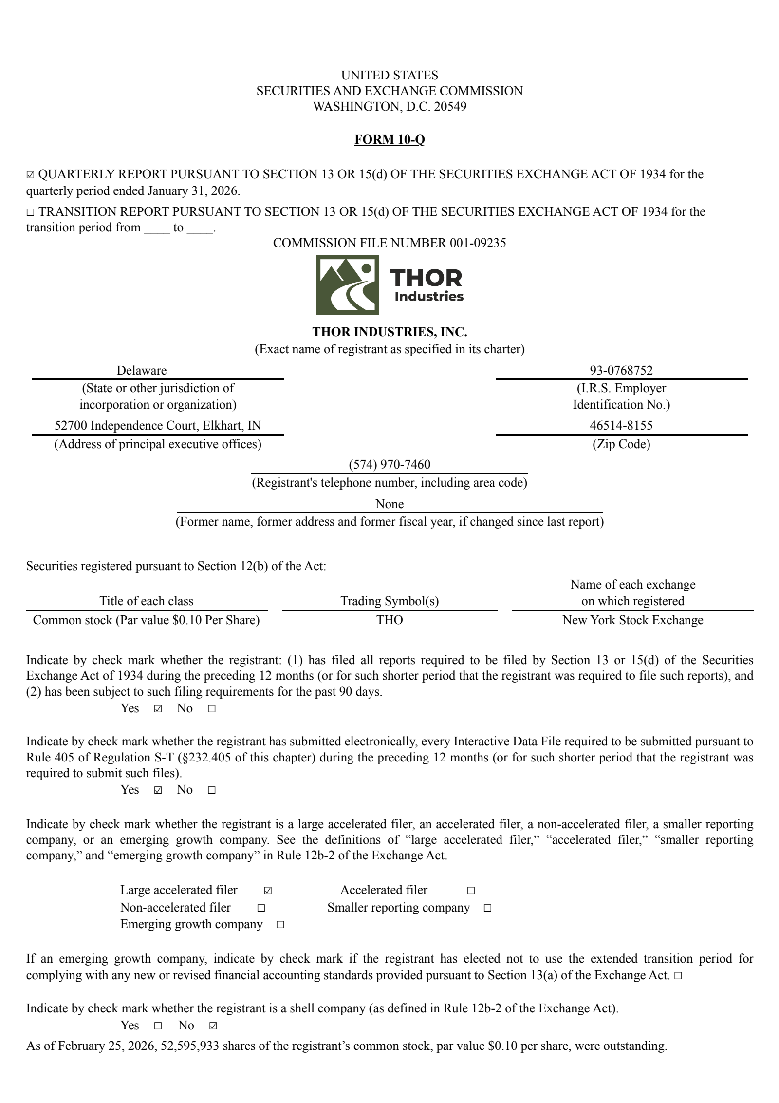 Thor Industries' Q2 2026 Quarterly report
