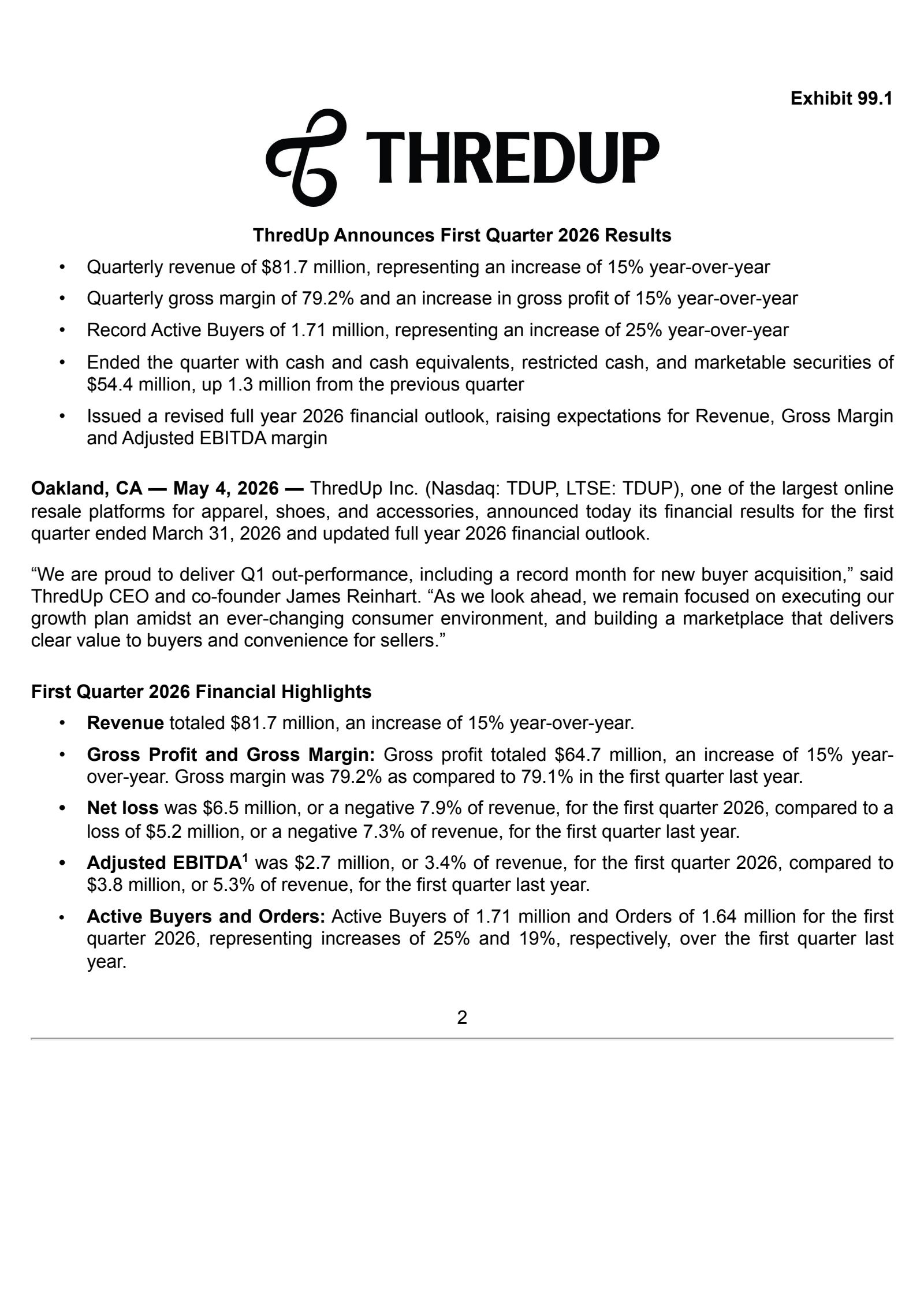 ThredUp's Q1 2026 Press Release