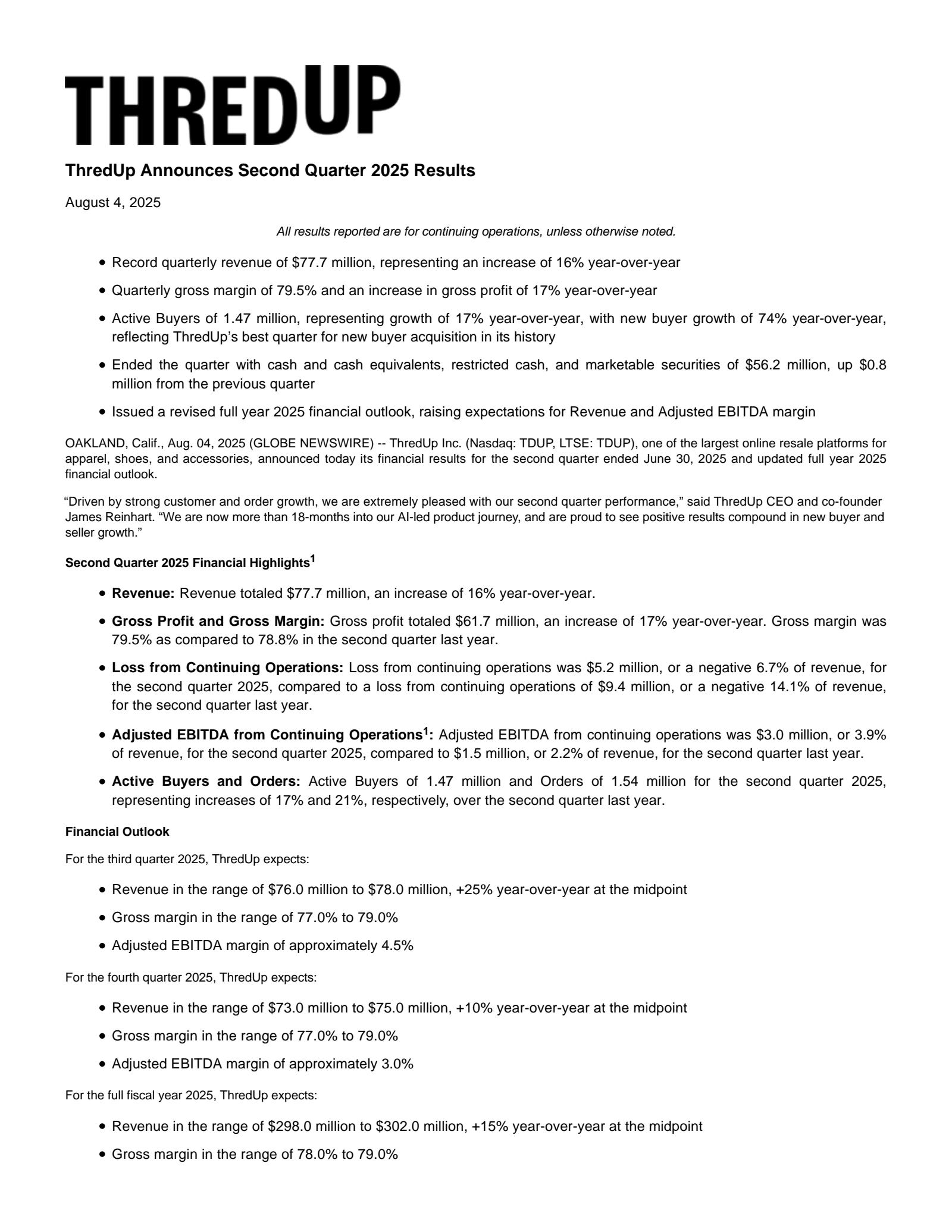 ThredUp's Q2 2025 Press Release