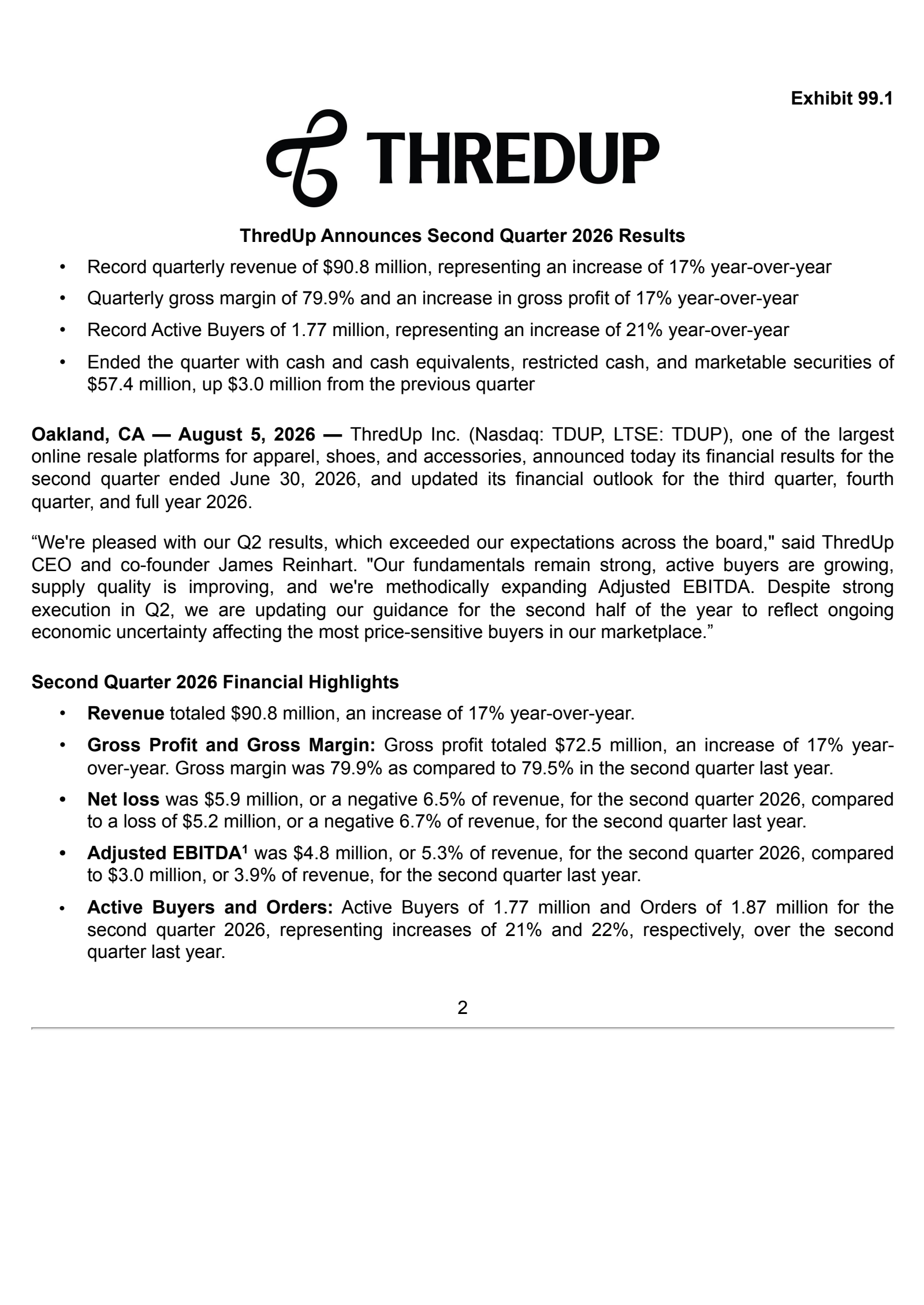 ThredUp's Q2 2026 Press Release