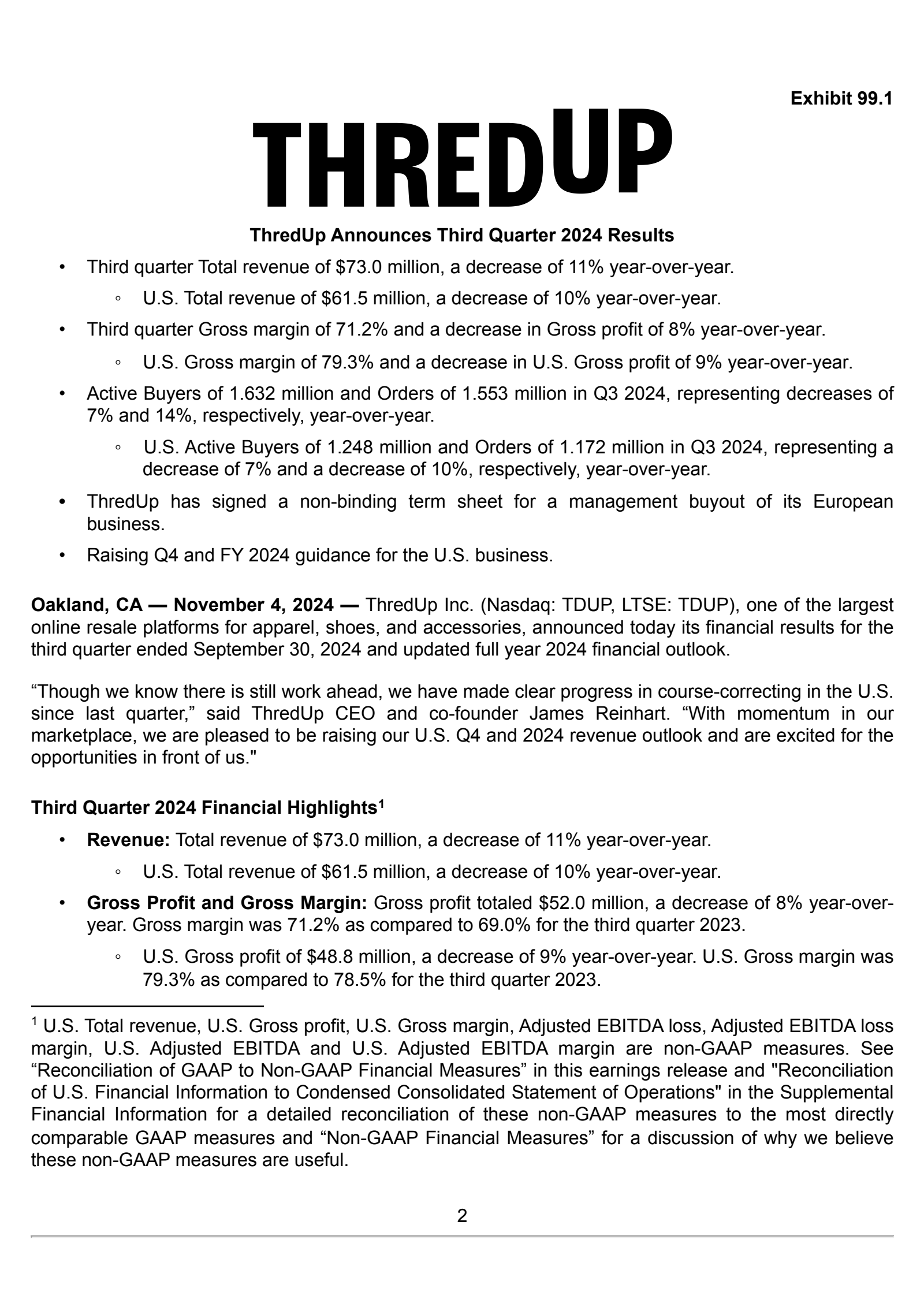 ThredUp's Q3 2024 Press Release