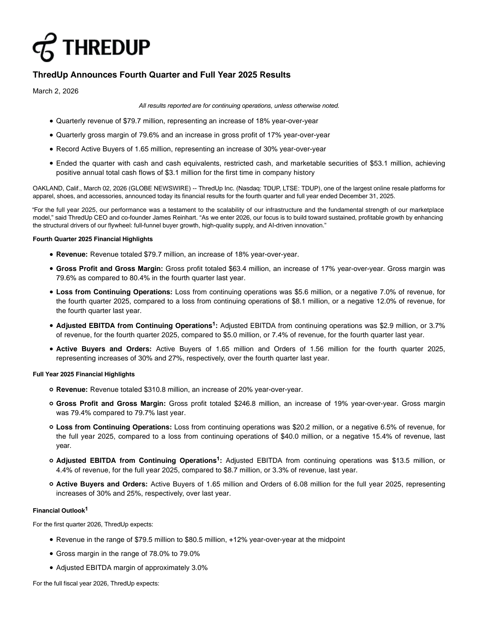 ThredUp's Q4 2025 Press Release