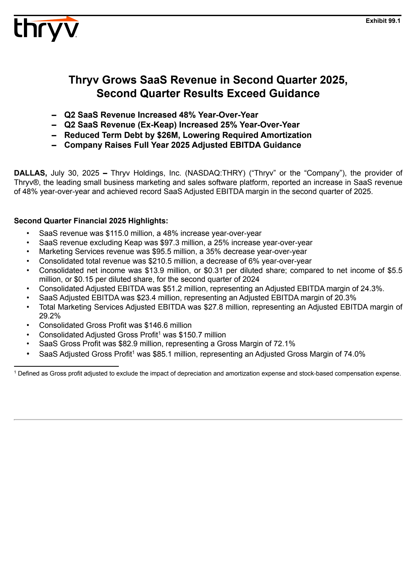Thryv's Q2 2025 Press Release