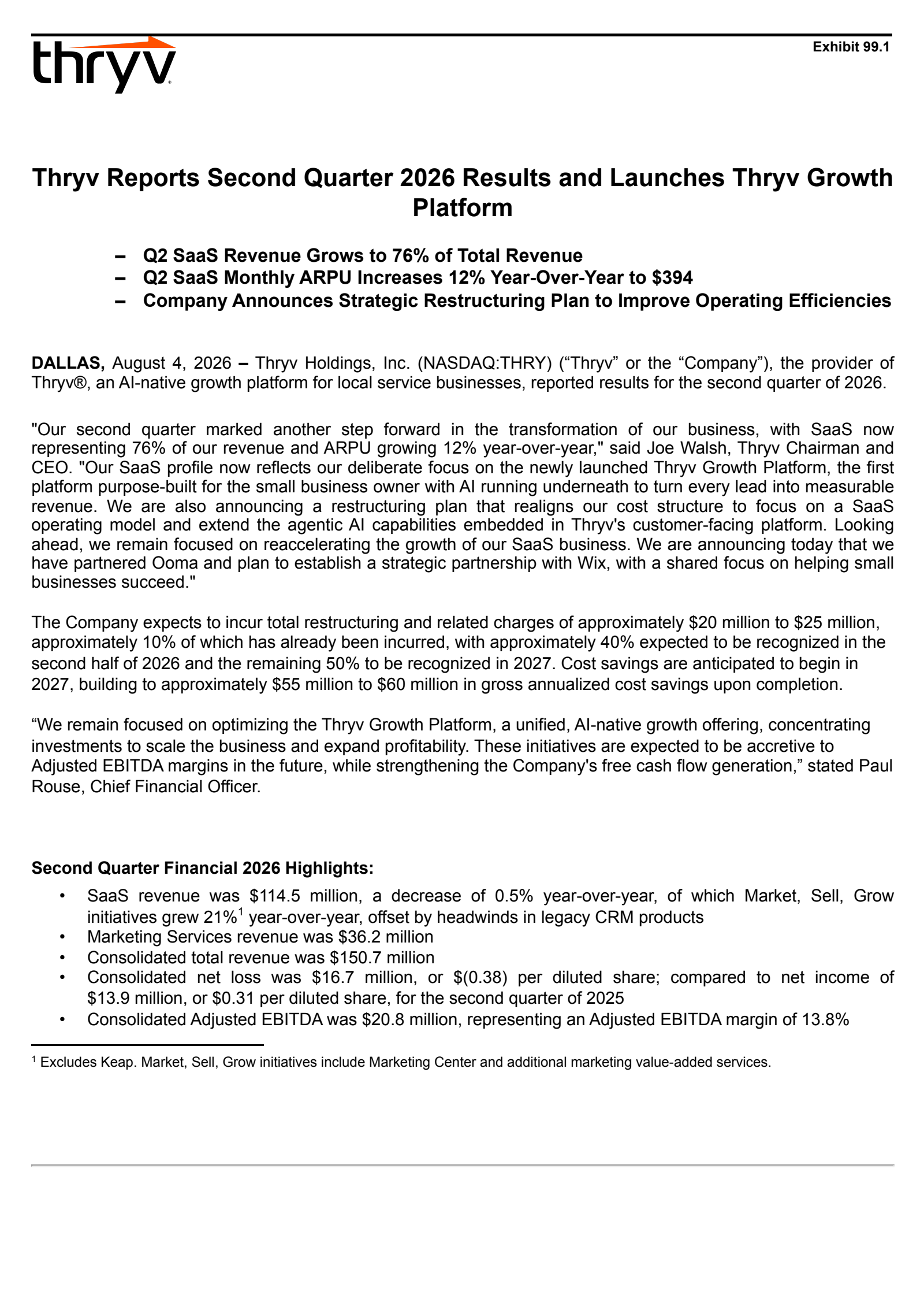 Thryv's Q2 2026 Press Release