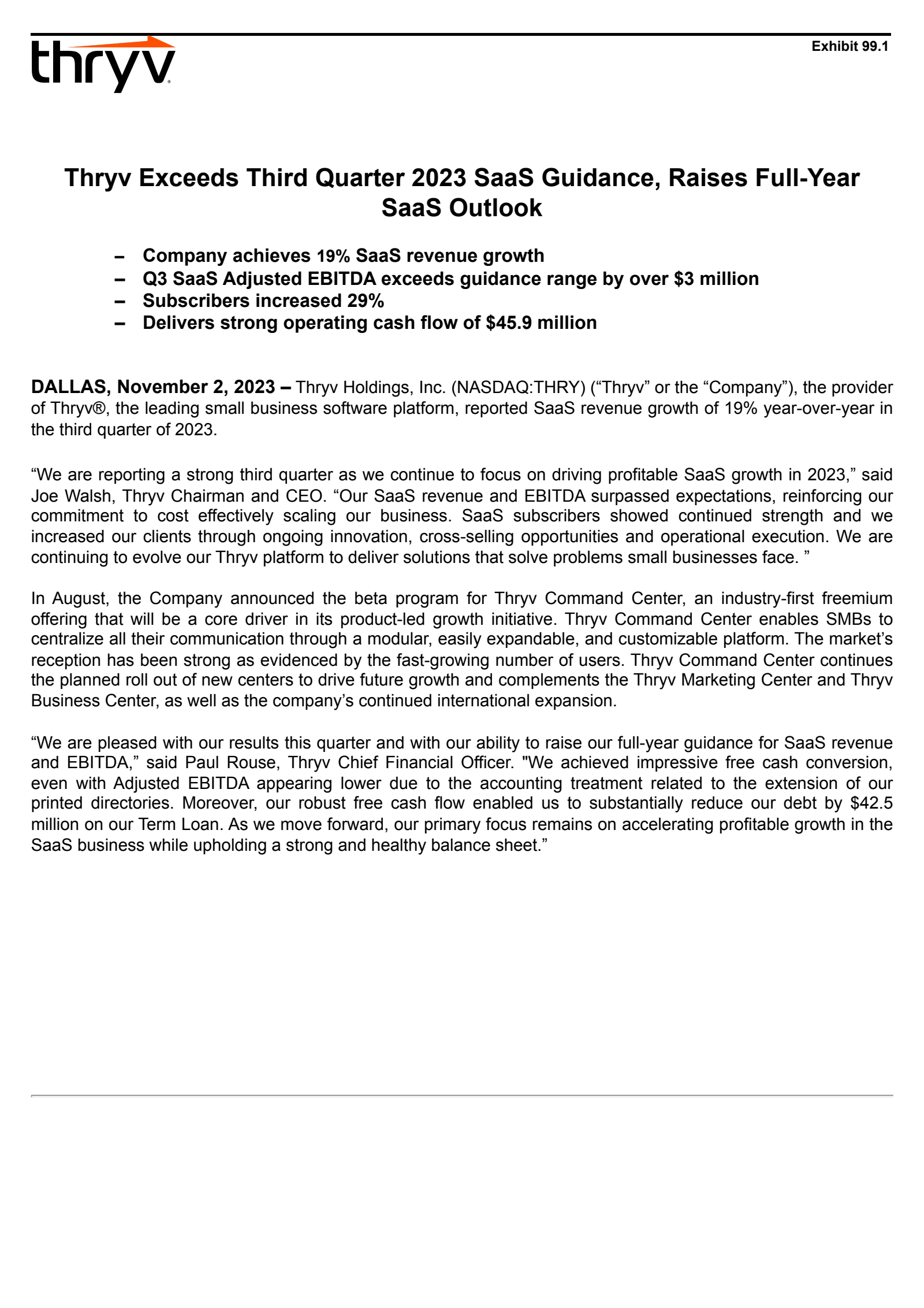 Thryv's Q3 2023 Press Release
