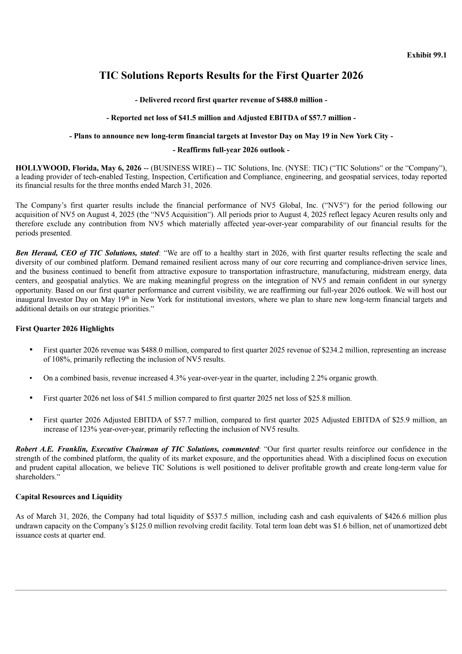 TIC Solutions' Q1 2026 Press Release