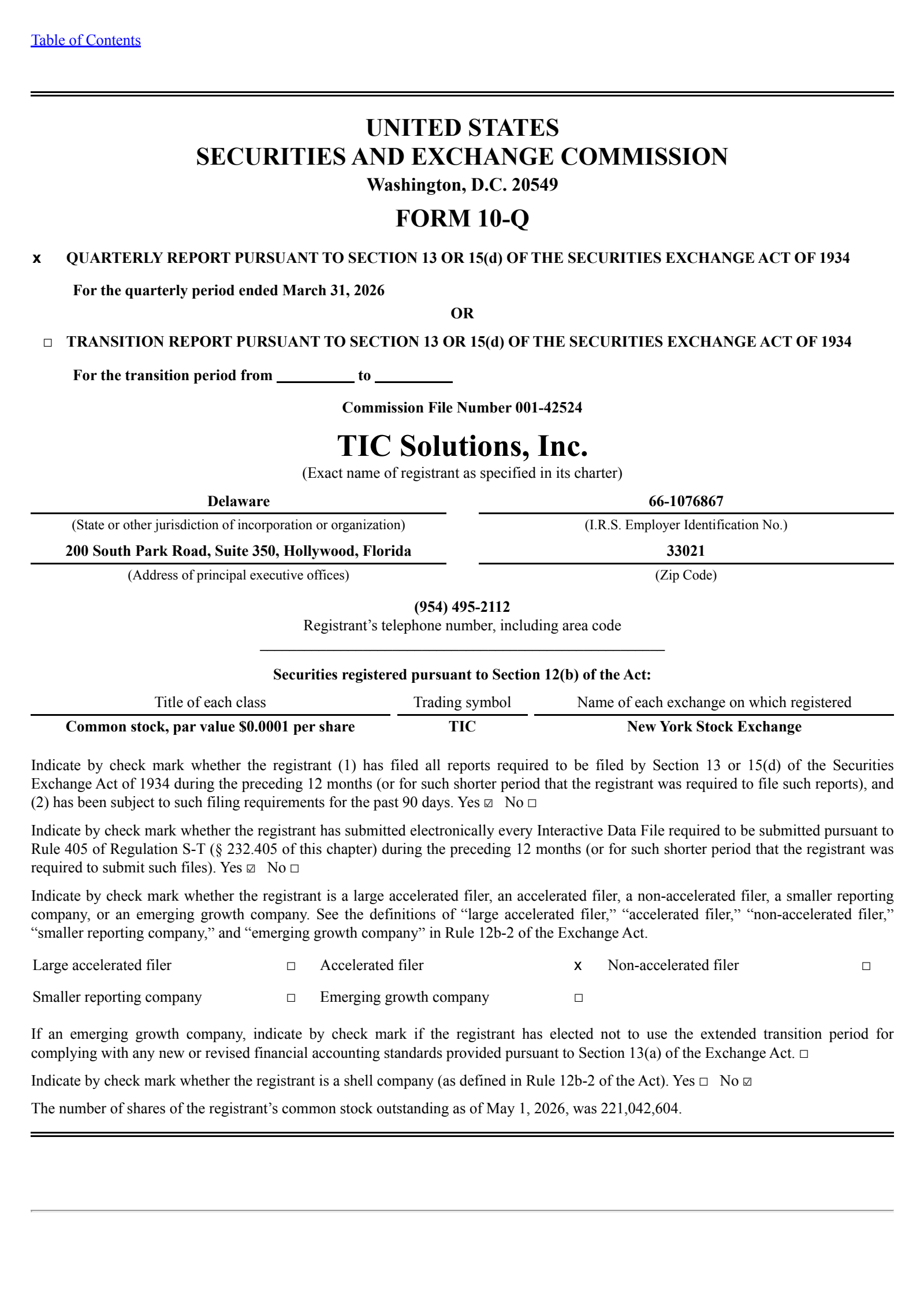 TIC Solutions' Q1 2026 Quarterly report