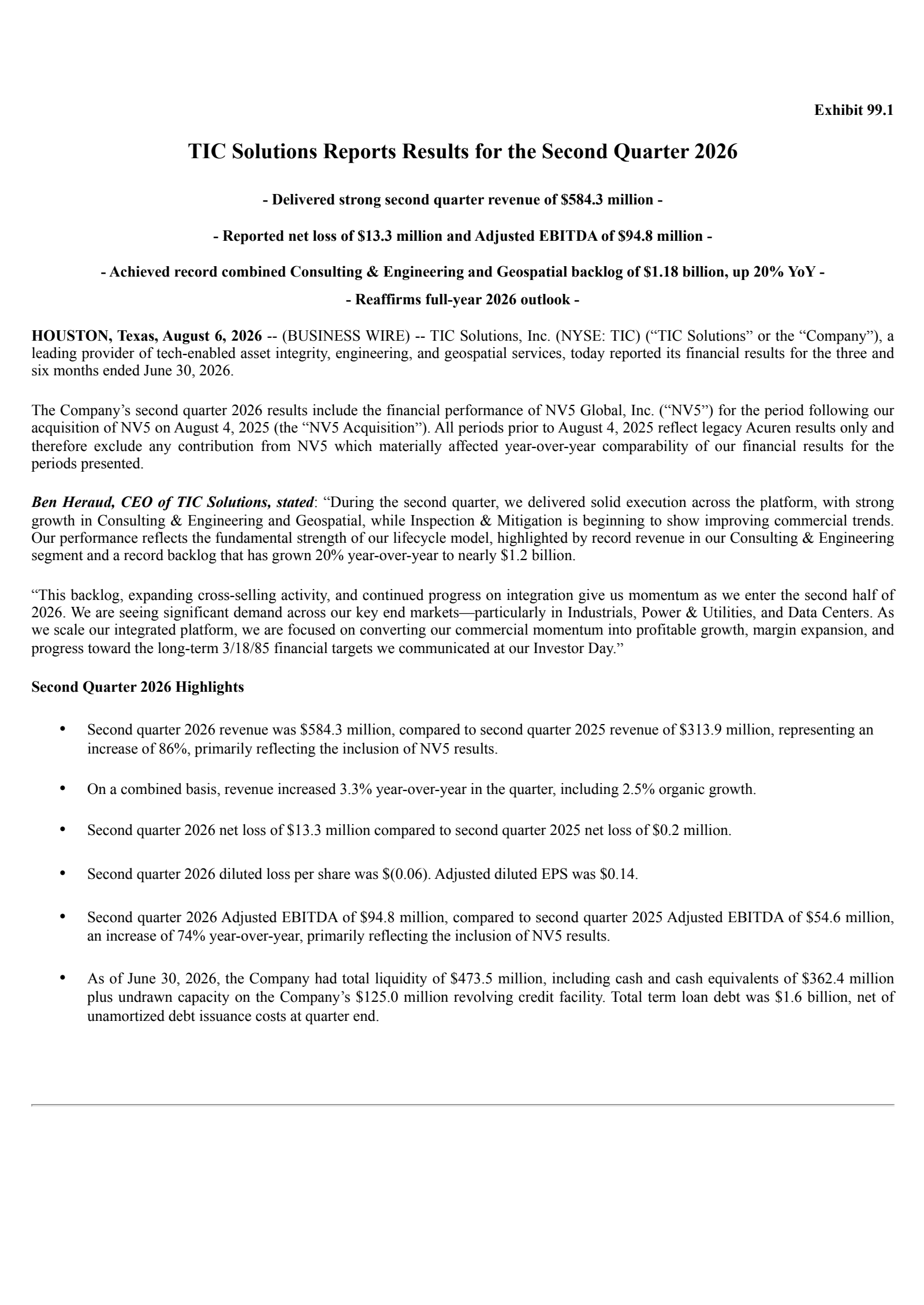TIC Solutions' Q2 2026 Press Release