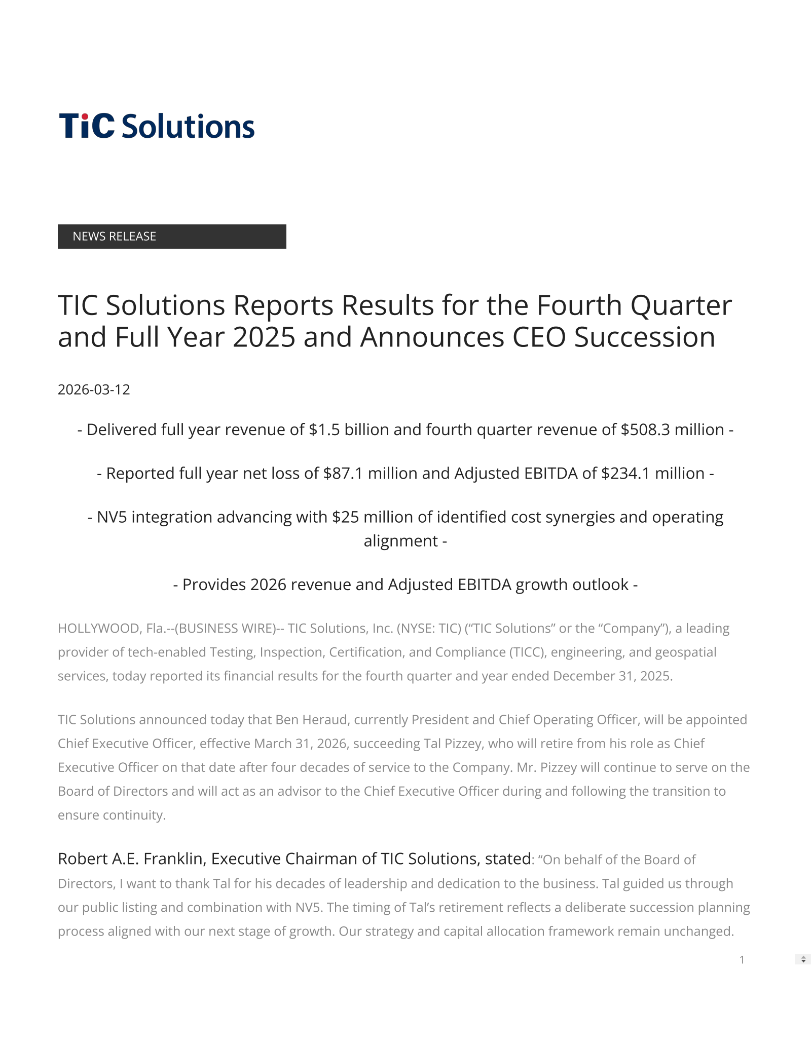 TIC Solutions' Q4 2025 Press Release