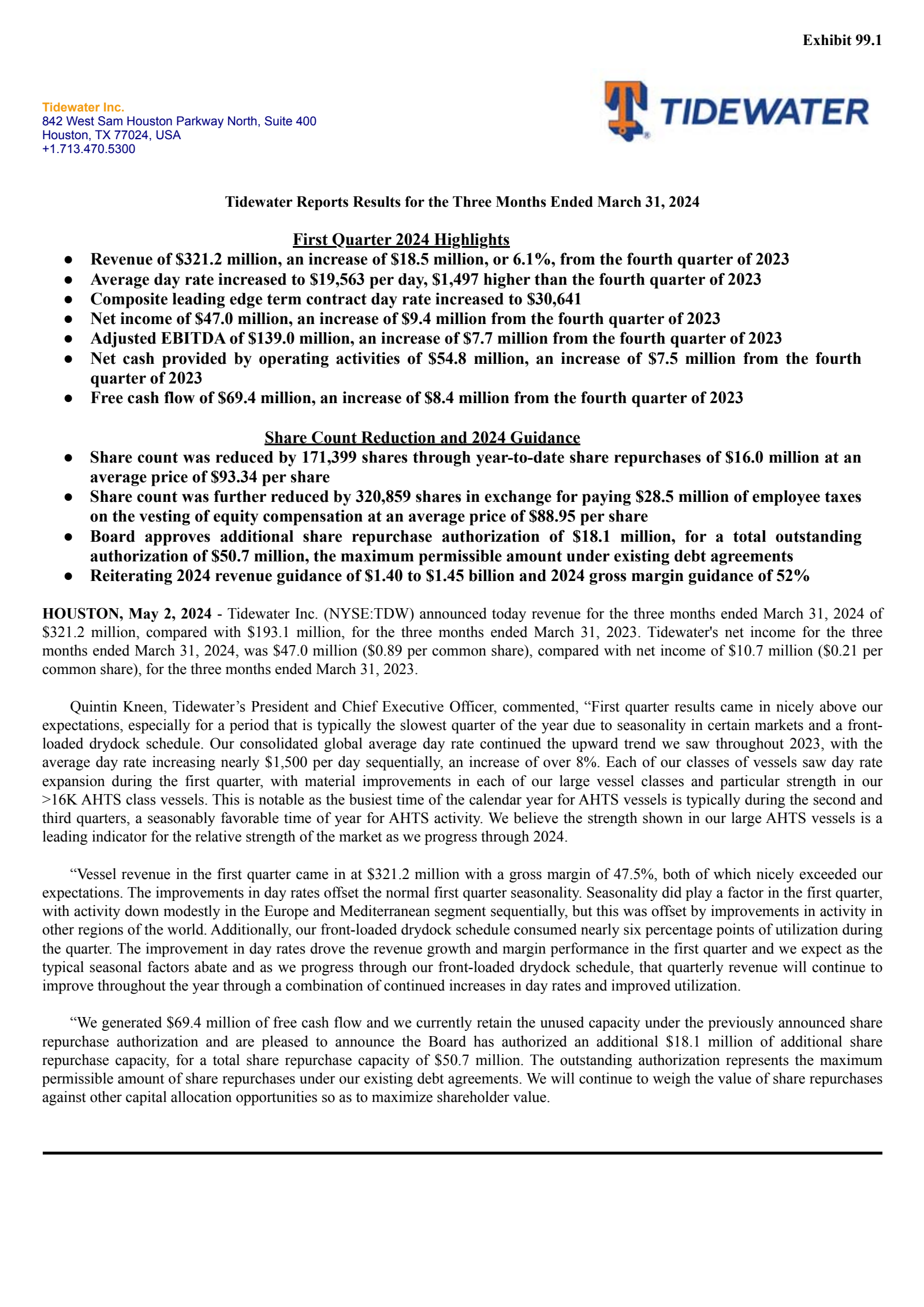 Tidewater's Q1 2024 Press Release