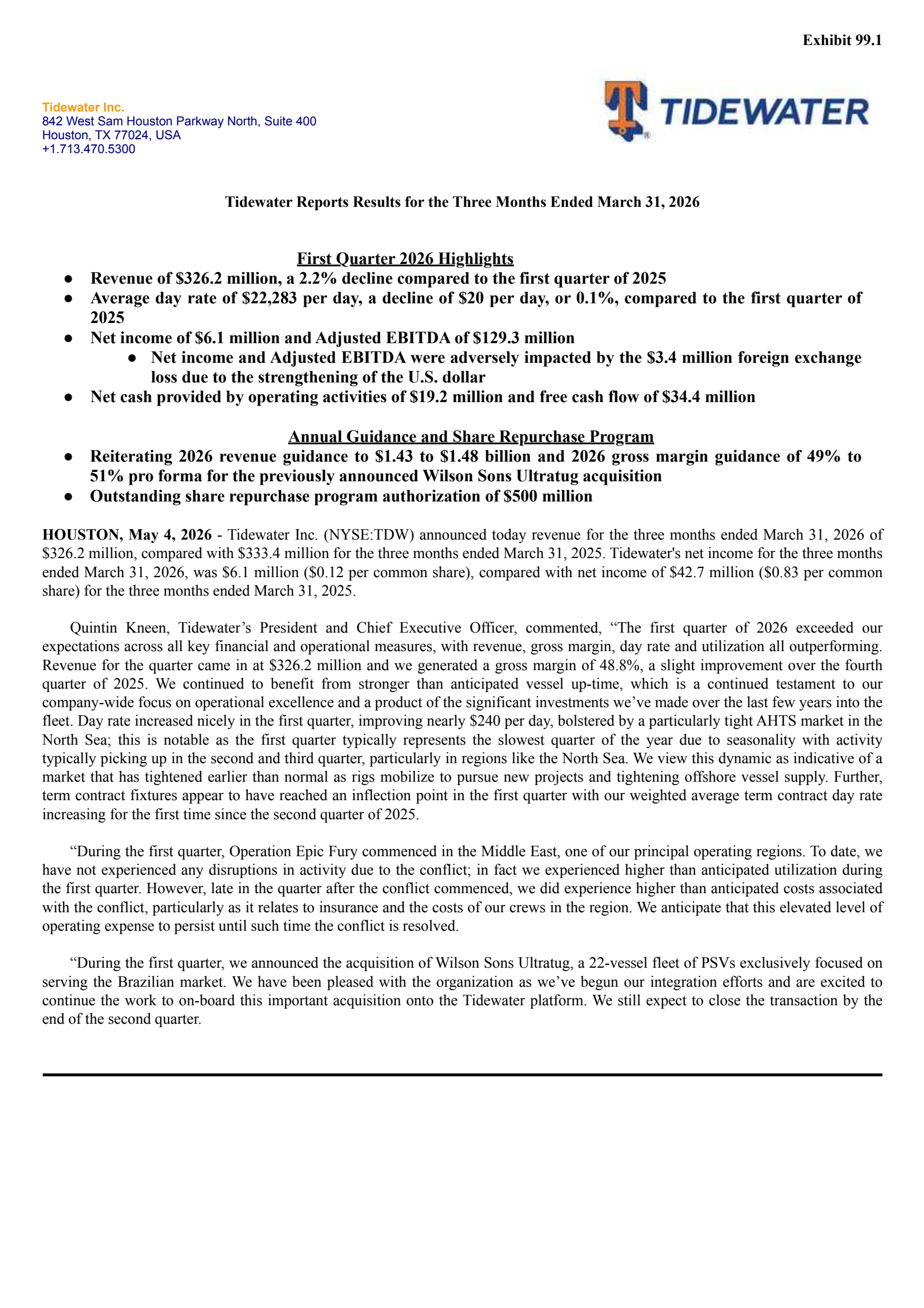 Tidewater's Q1 2026 Press Release