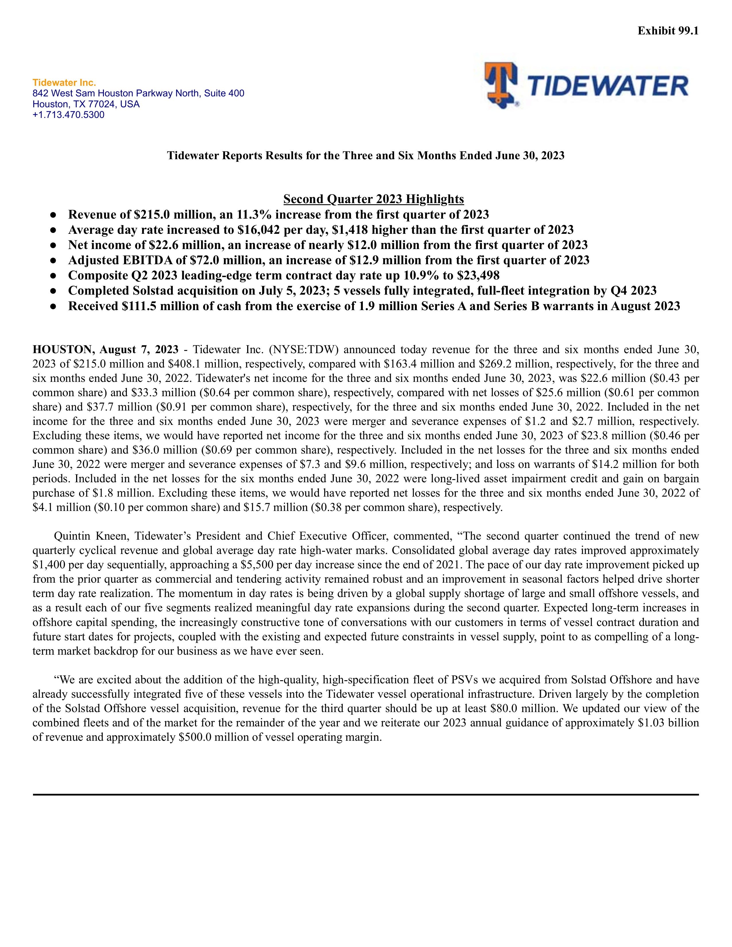 Tidewater's Q2 2023 Press Release