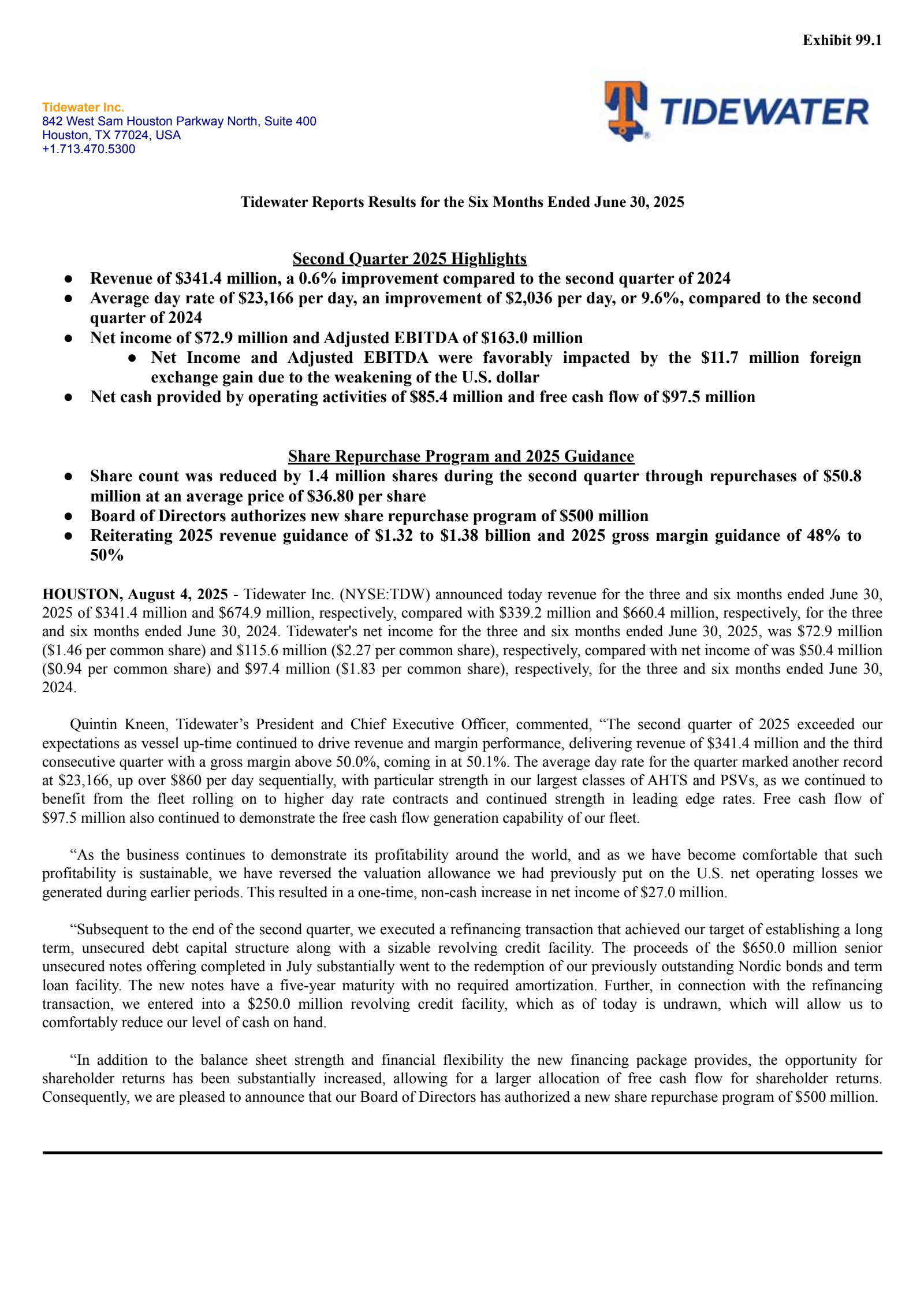 Tidewater's Q2 2025 Press Release
