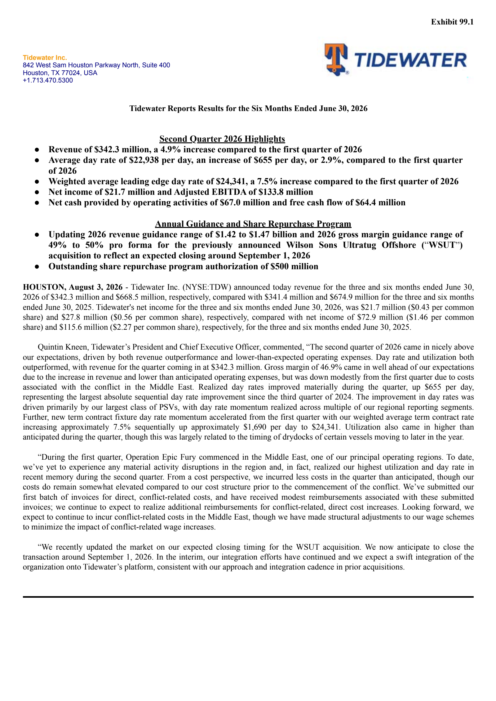 Tidewater's Q2 2026 Press Release