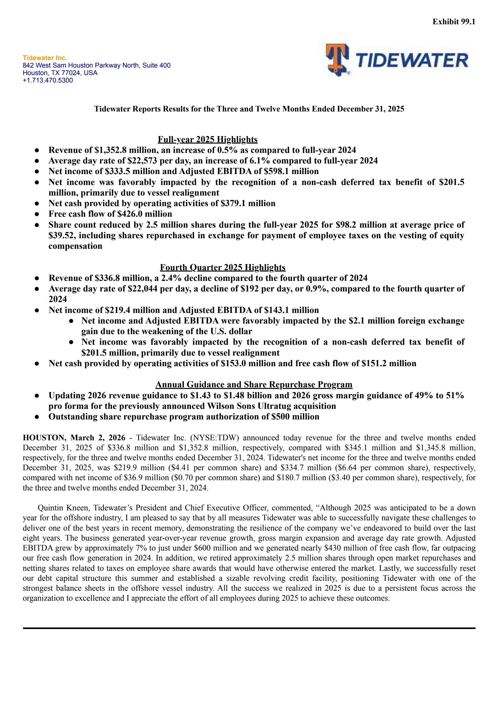 Tidewater's Q4 2025 Press Release
