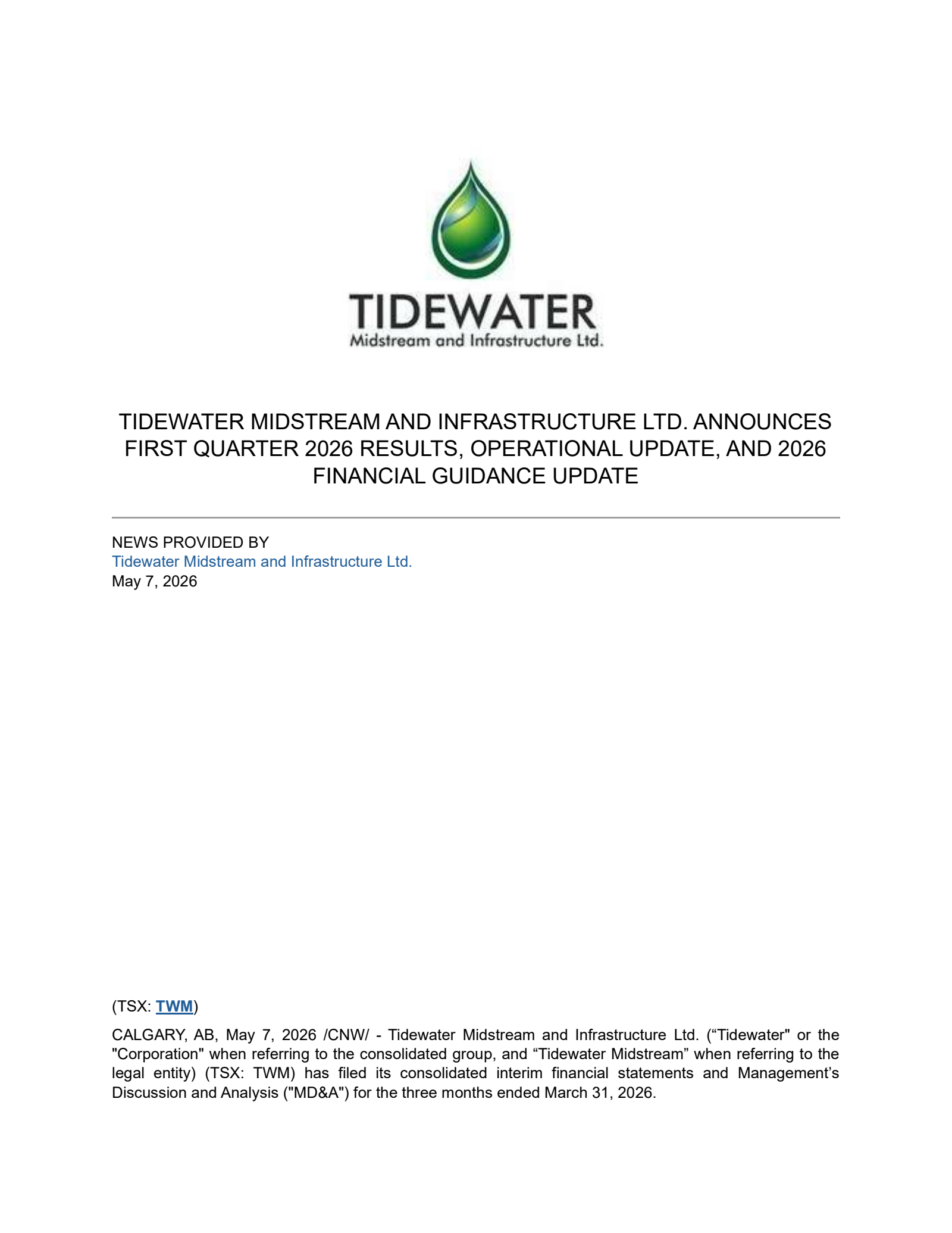 Tidewater Midstream and Infrastructure's Q1 2026 Press Release
