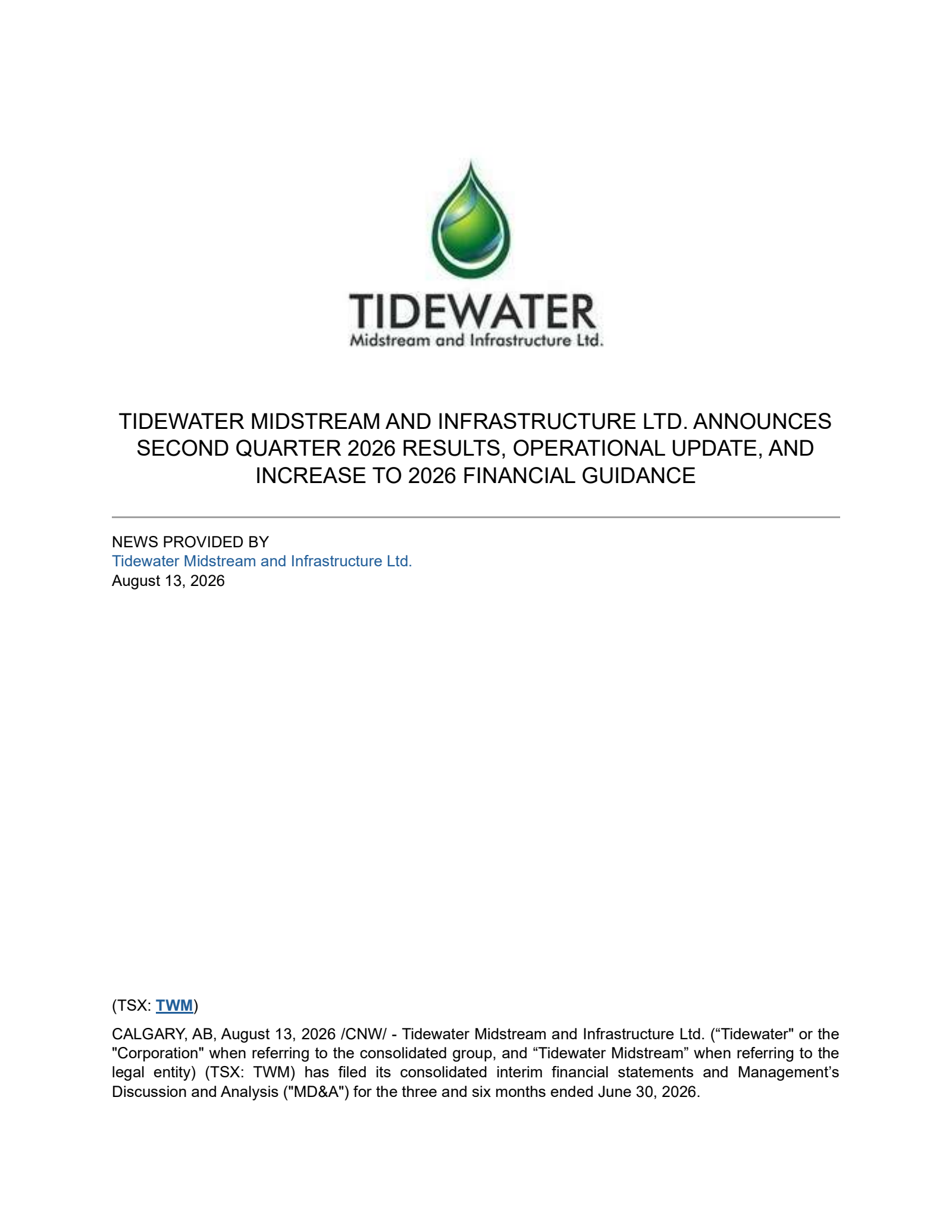 Tidewater Midstream and Infrastructure's Q2 2026 Press Release