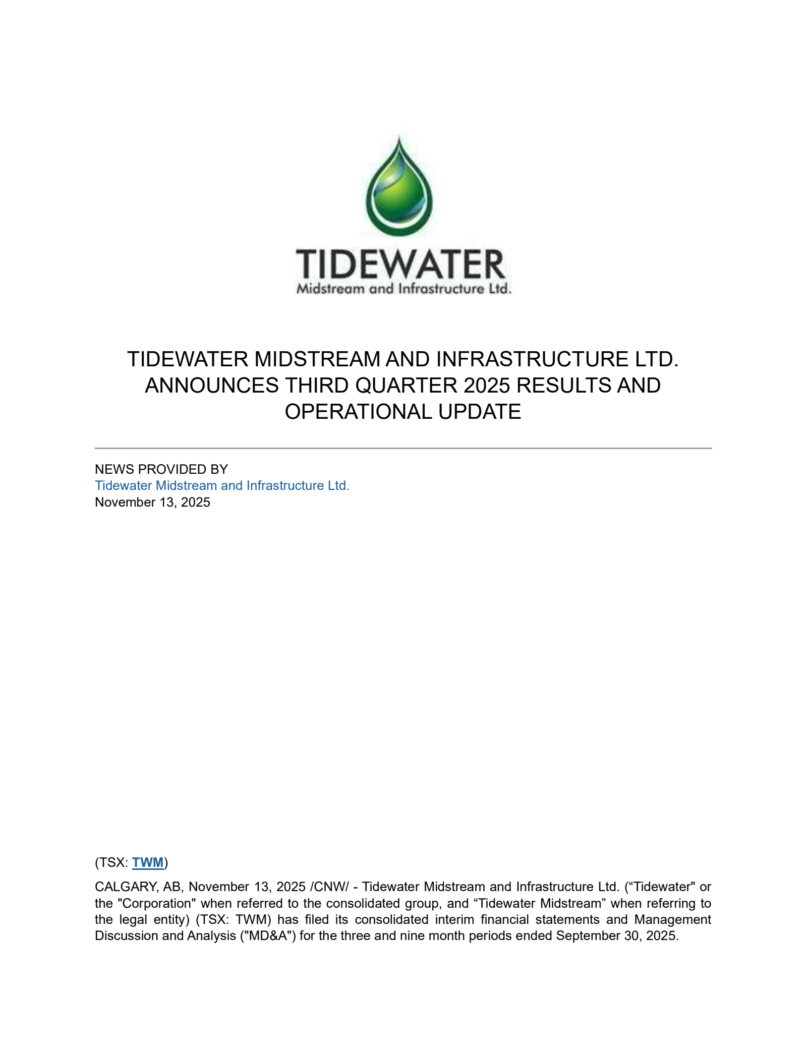 Tidewater Midstream and Infrastructure's Q3 2025 Earnings Release