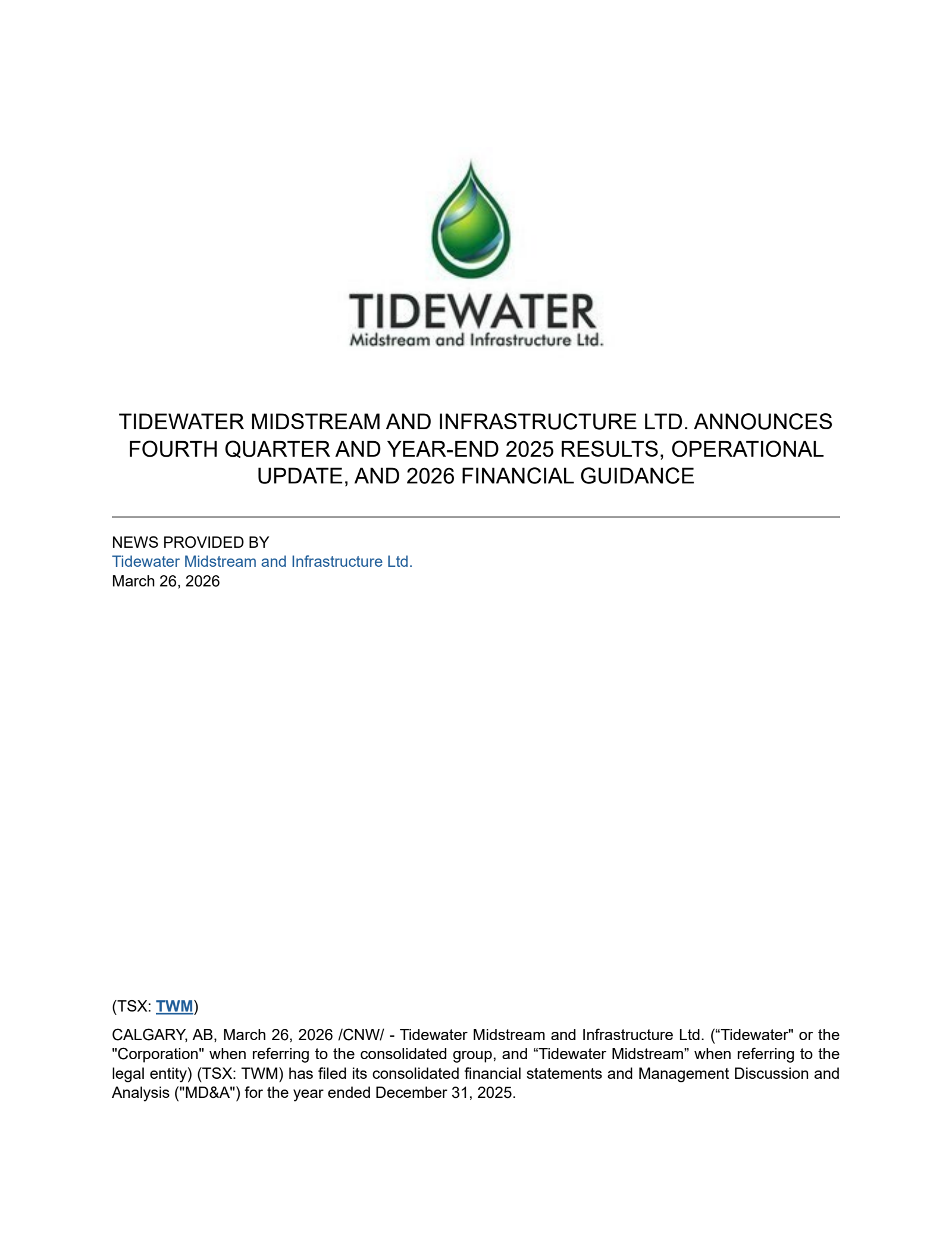 Tidewater Midstream and Infrastructure's Q4 2025 Press Release