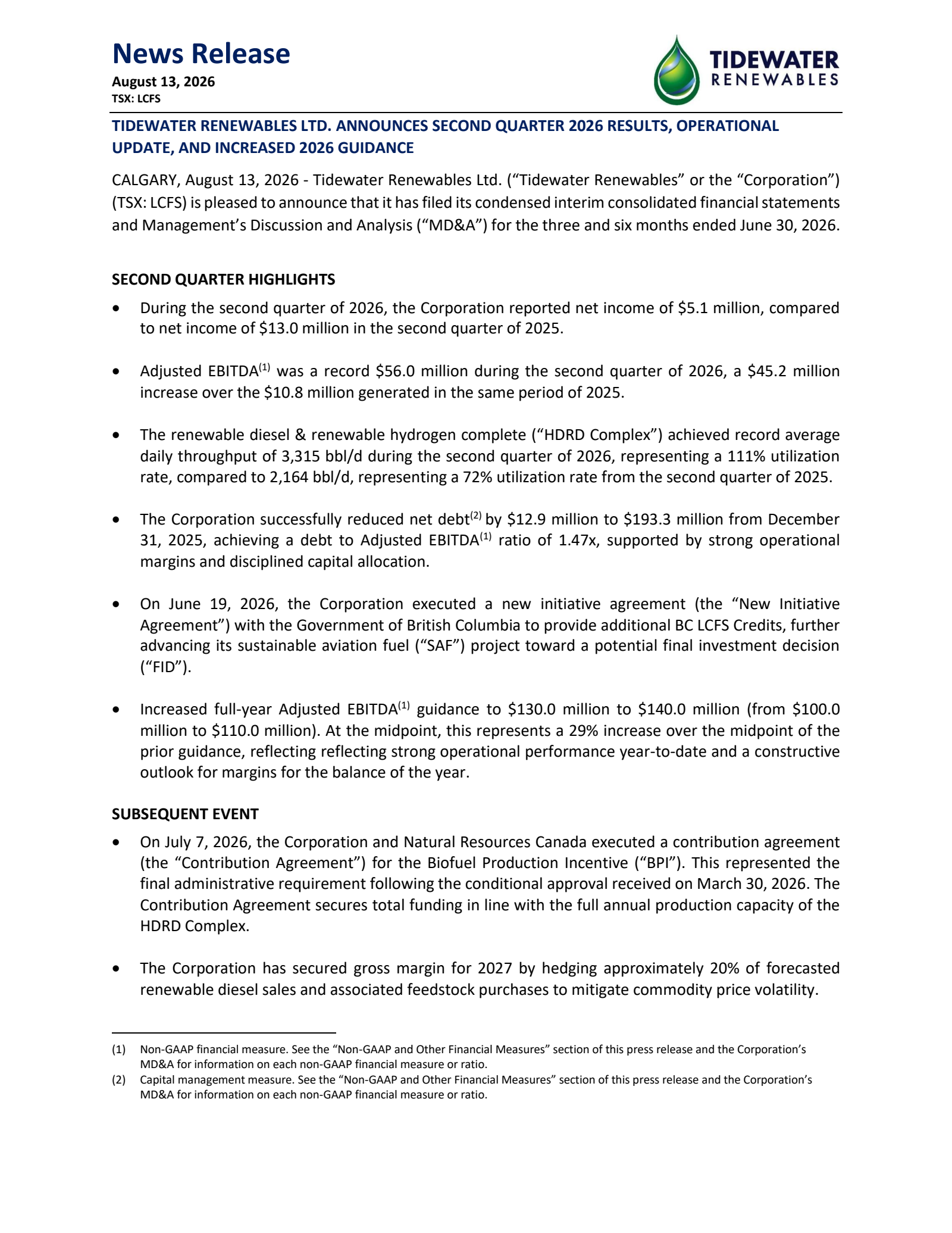 Tidewater Renewables' Q2 2026 Press Release